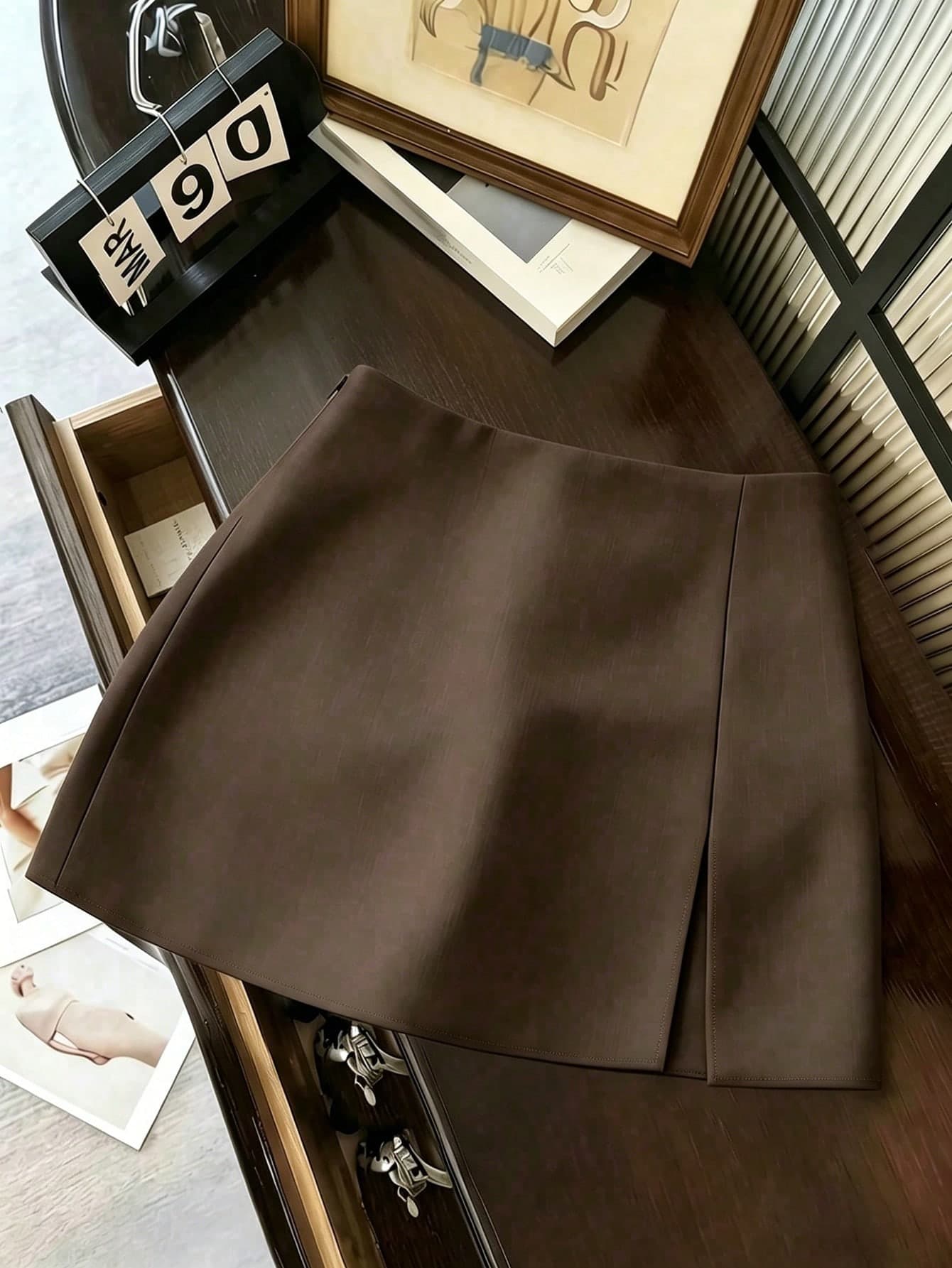Franclia Elegant Brown Winter Skirt For Office,Business Commute,Vintage Side Slit Solid Color Mini Skirt,Casual Street Style Fashion For Spring Summer