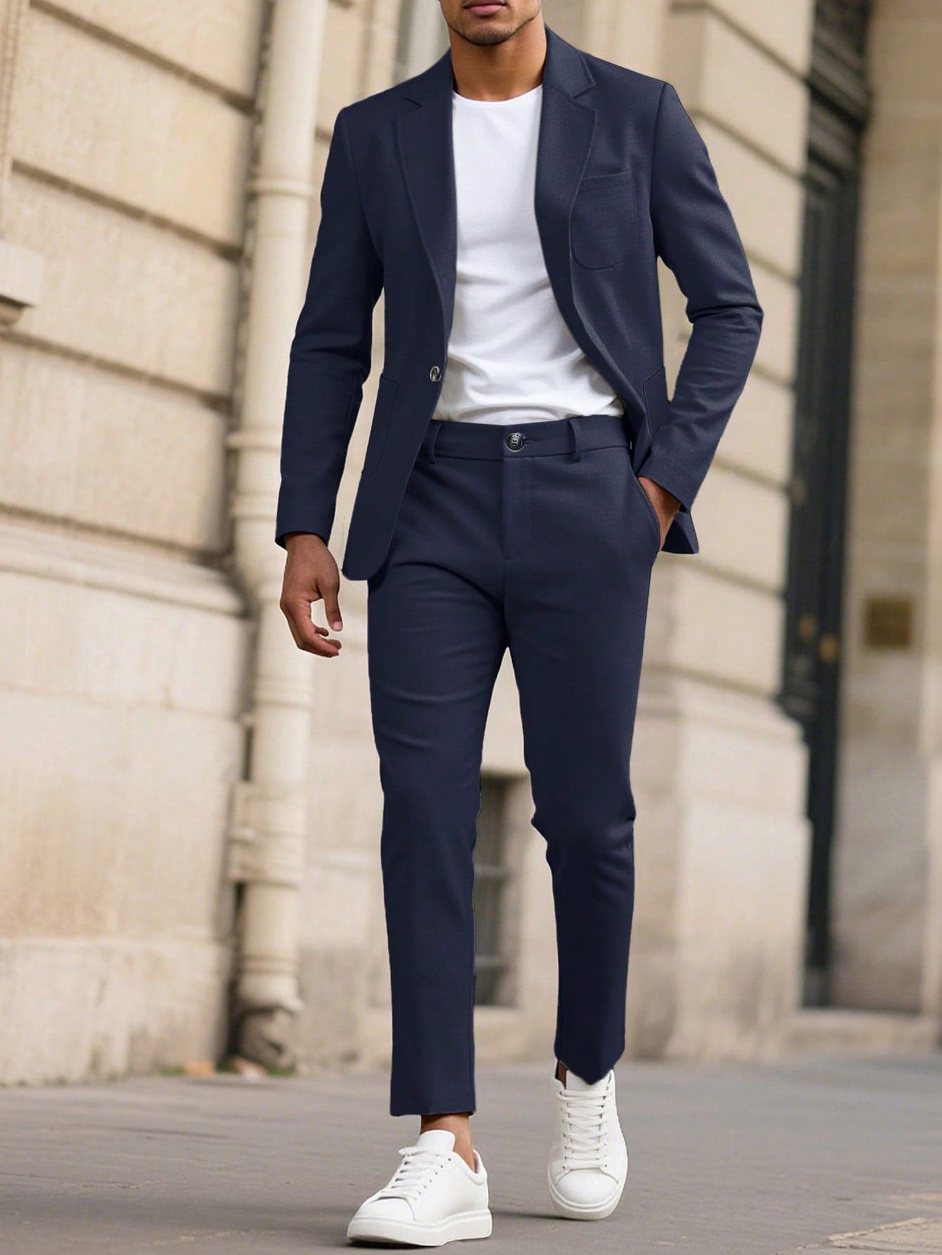 Manfinity Mode Men Spring/Summer Casual Blue Business Formal Blazer & Pants Suit 2 Pieces Outfit For Ceremony Formal