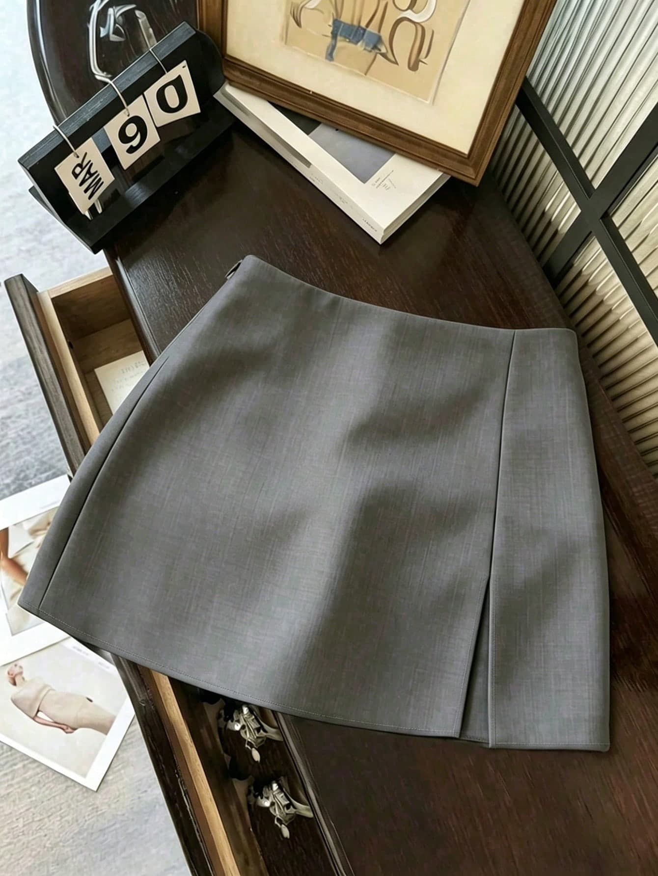 Franclia Elegant Solid Color Grey Side Slit Skirt,Summer Business Casual Office Women's Skorts Mini Skirts,Vintage Commute Casual Street Style Micro Skirt