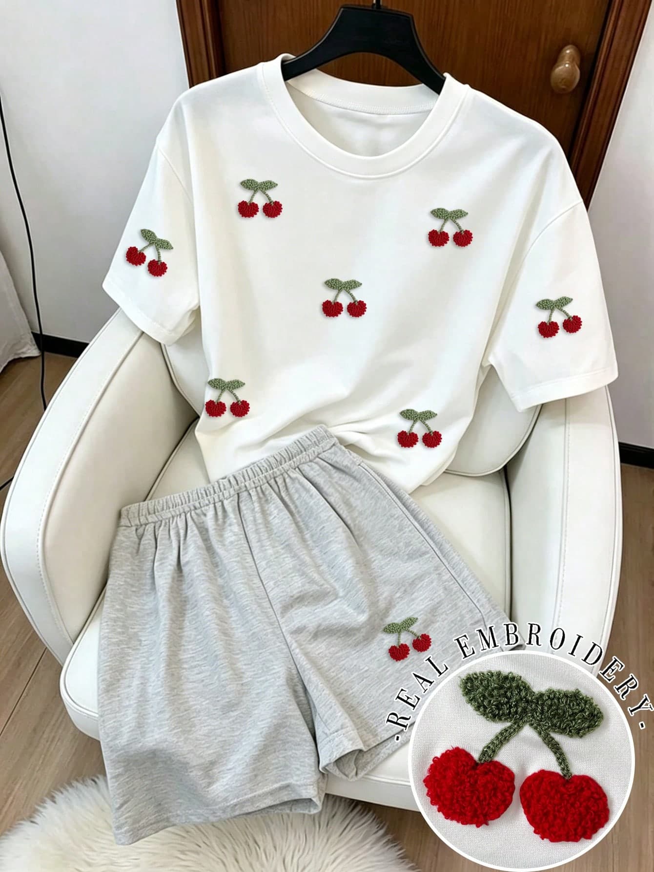 Resyla 2pcs Women Casual Cherry Embroidery T-Shirt And Shorts Set, Comfortable Outgoing Fruit Suit