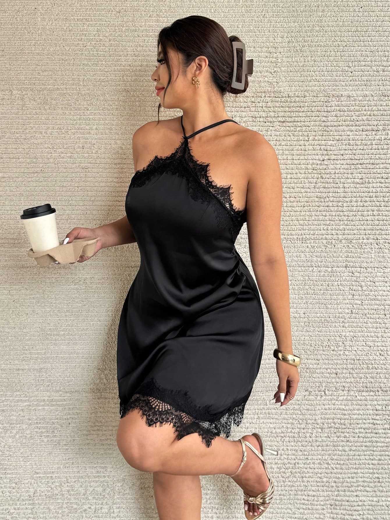 Firerie Plus Size Women's Black Summer Elegant Formal Evening Night Satin Fabric Contrast Lace Trim Spaghetti Strap Bodycon Mini Dress, Wedding Guest Party