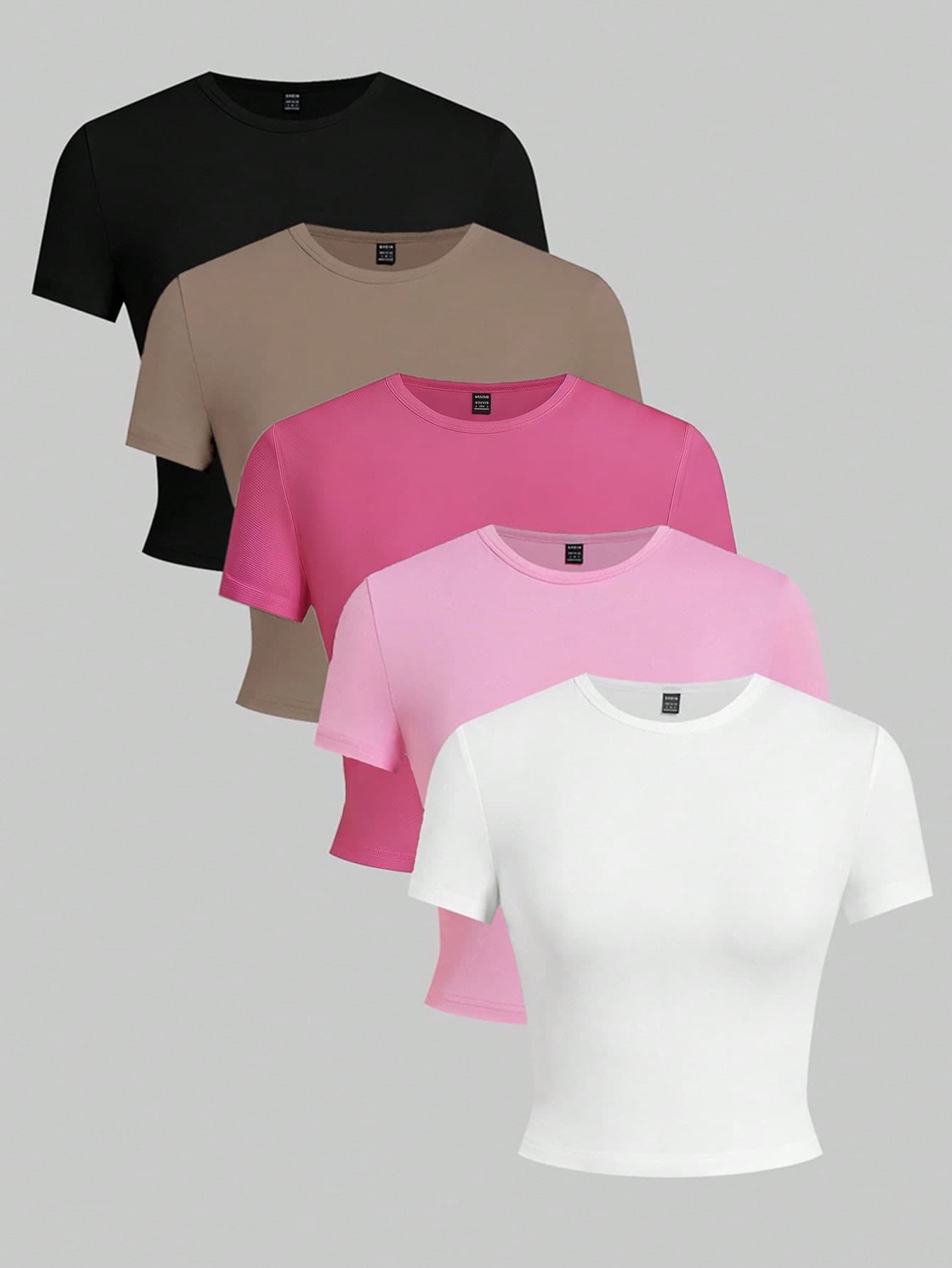 SHEIN EZwear 5pcs/Set Solid Color Knit Sleeveless Slim Fit T-Shirt, Spring/Summer Basic Tees Women Plain Shirt Pack Of Tops Tshirts 5 T Shirts Women's