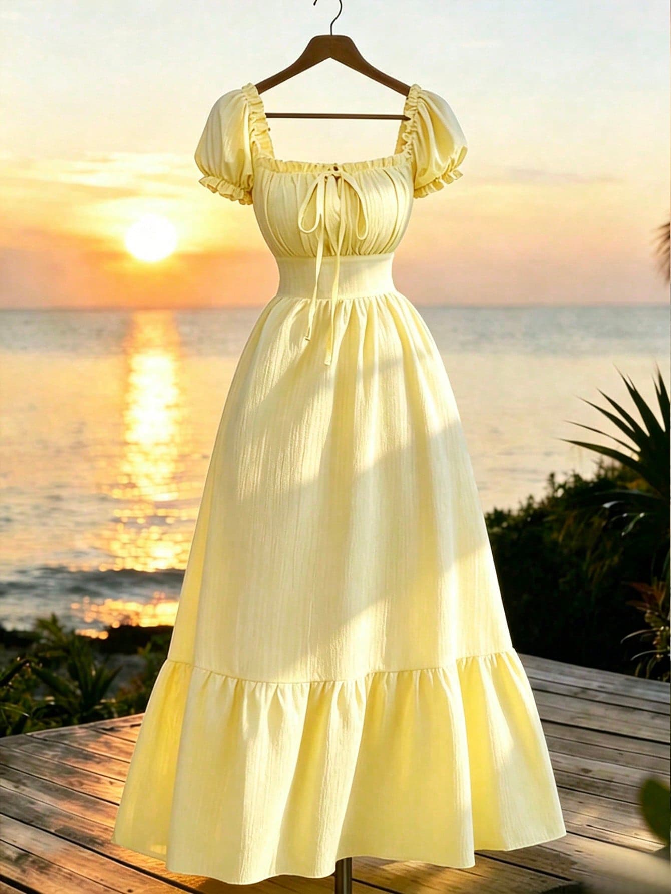 Elenzga Women's Pale Yellow Summer Cottage Core Holiday Tea Party Dress,Woven Textured Crinkle Fabric Bubble Sleeve Tie Front Backless Cinched Waist,Holiday