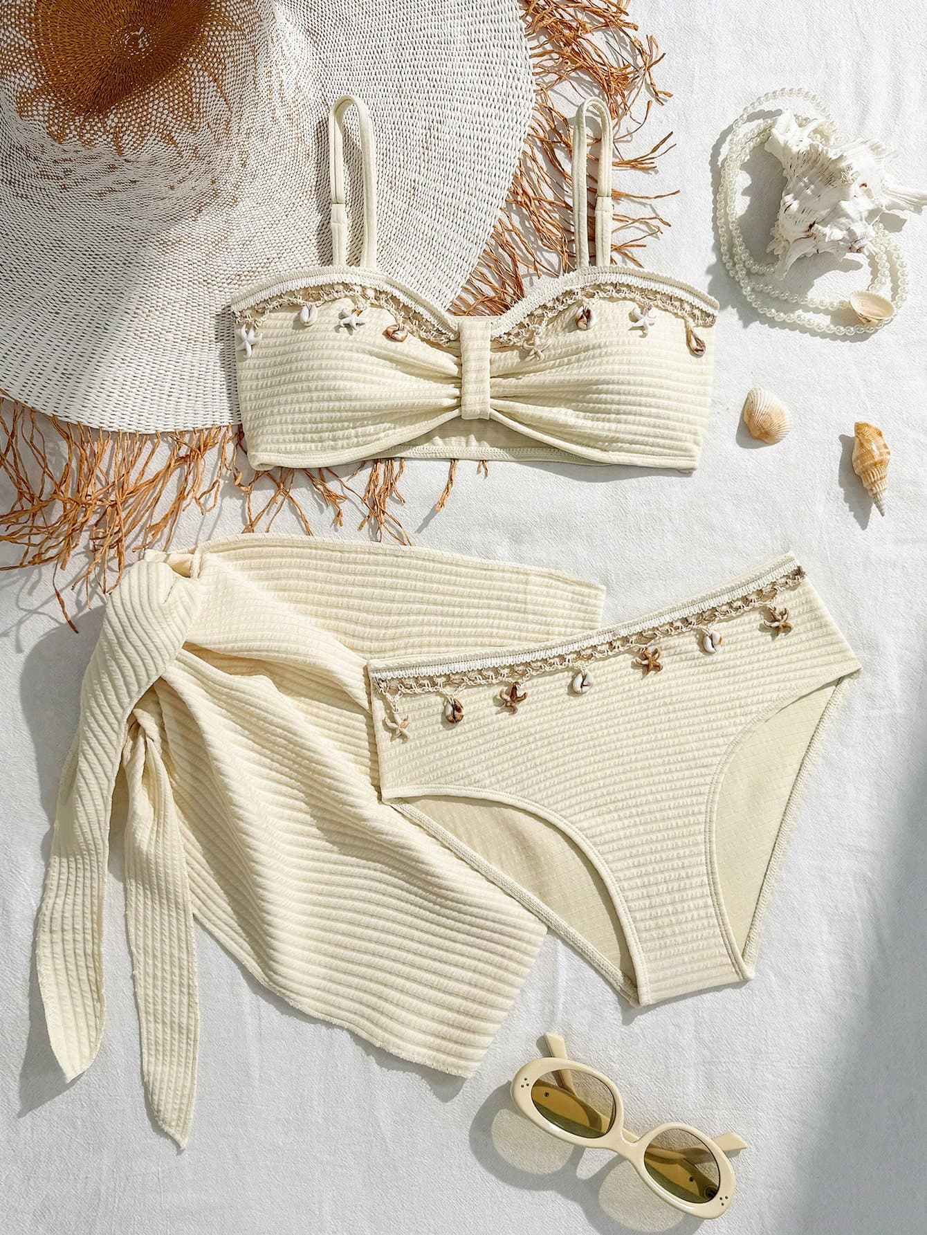 SHEIN Tween Girls Vacation Beach Shell Decor Lace Trim Bikini Set With Cover Up & Mini Skirt Three Piece Bathing Suit Swimsuit Seashell Teen 3 Modest
