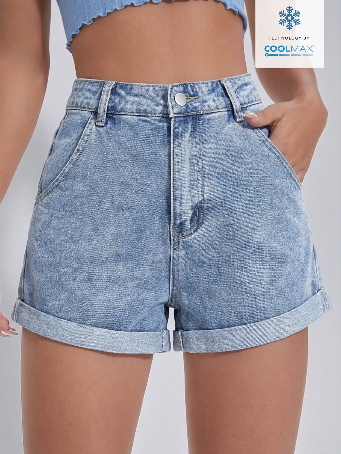 Jeanoix Women's High Waist Pocketed Cuffed Casual Denim Shorts Travel Light Blue Summer