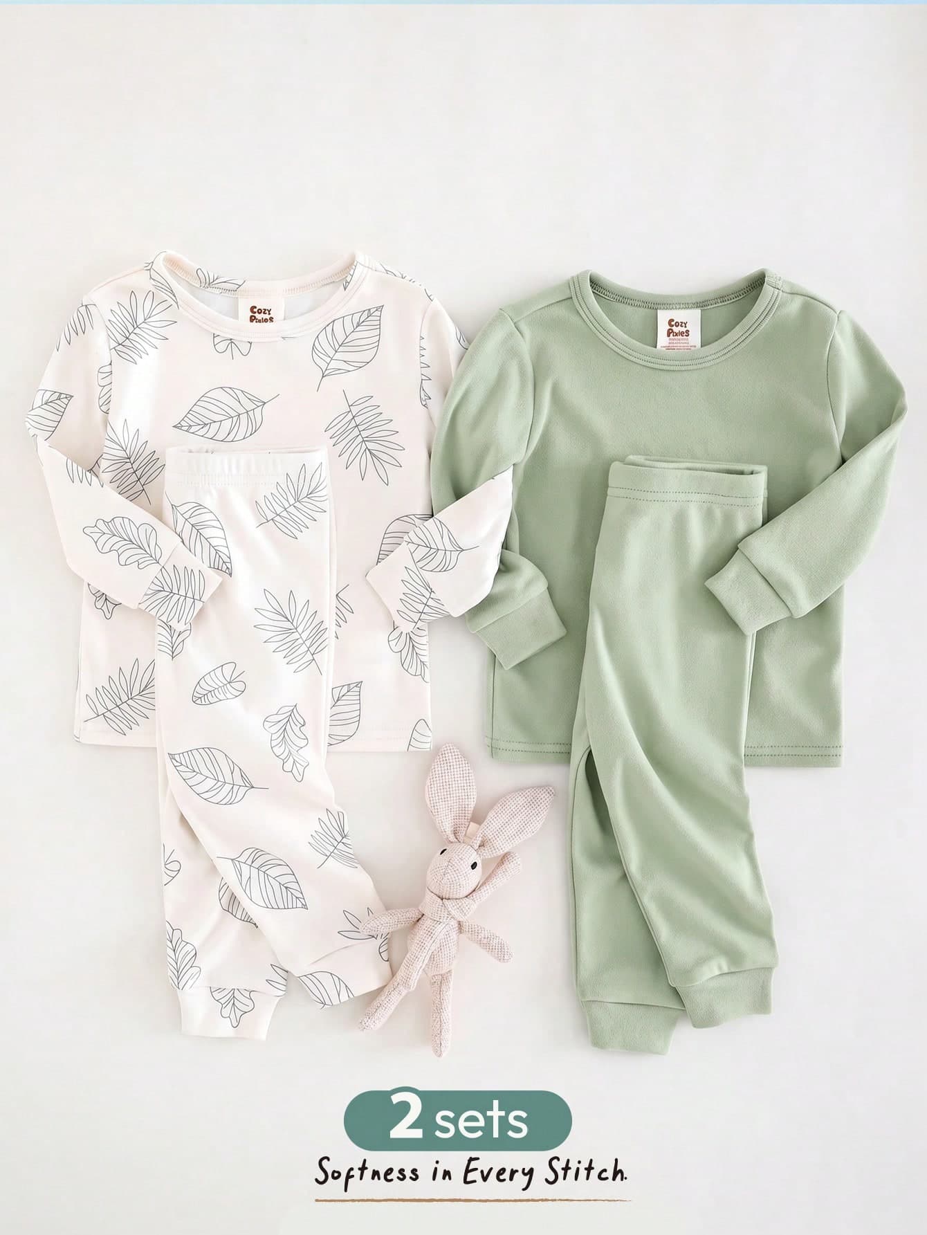 Cozy Pixies 4pcs Baby Boy Graphic Snug Fit Pajama Set:Solid Color Soft Knit Round Neck Long Sleeve Top&Elastic Waist Pants,Floral Print&Cartoon,Kids