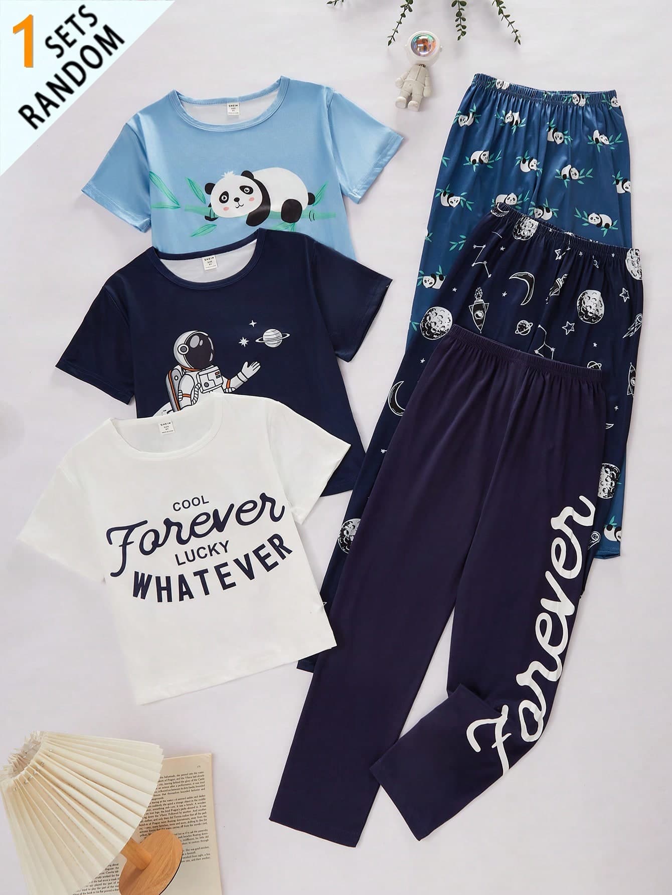 6-Piece Big Boys Soft Knit Sleepwear,Navy Blue Polka Dot,Summer,Cute,Family Matching,Home Wear Nightwear Set With Cartoon Graphic & Letter Print