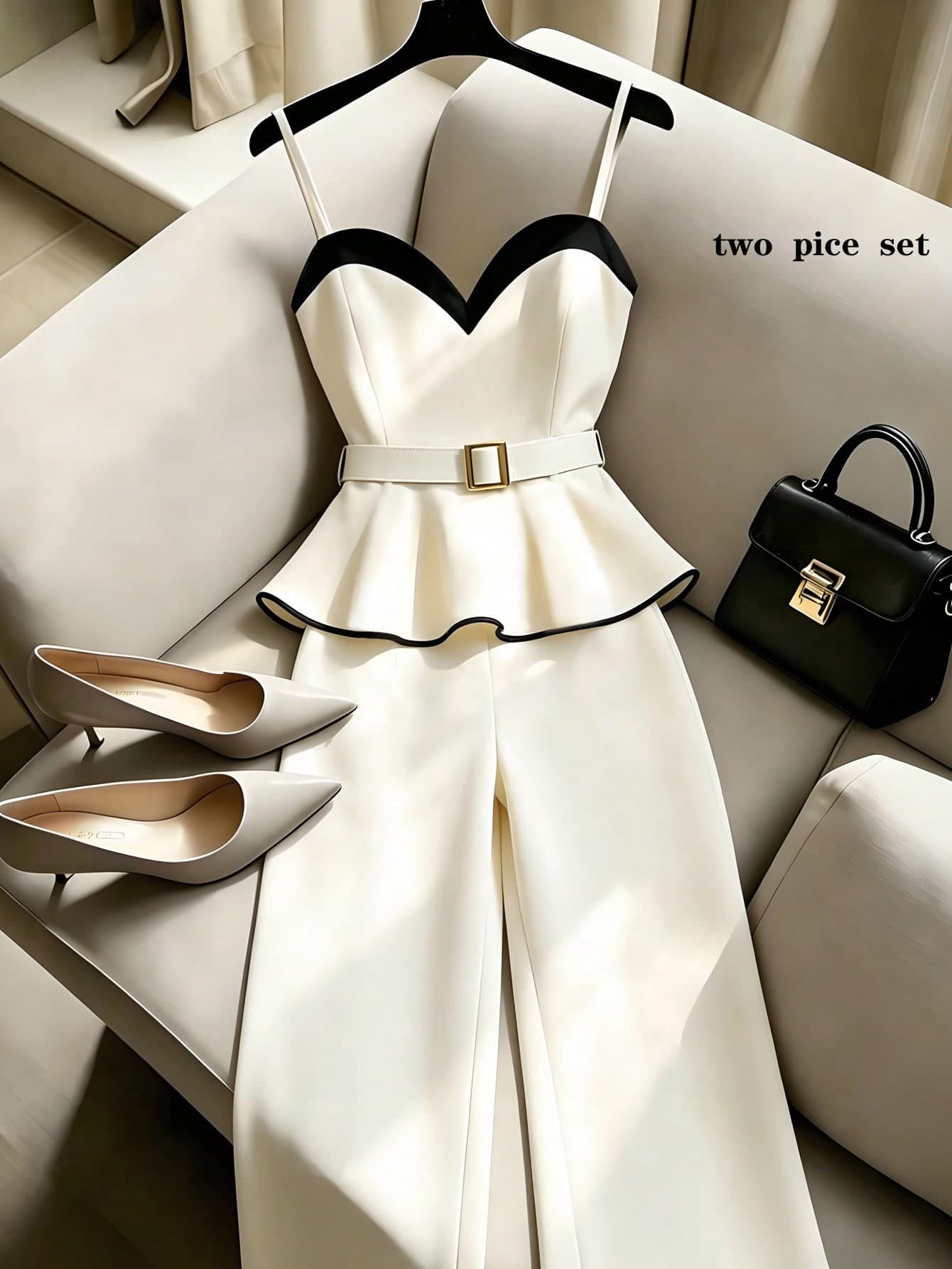 Franclia Women's Elegant Black And White Color-Blocked Cami Peplum Top & Wide-Leg Pants 2-Piece Set,Summer Waist-Cinching Business Office Wear Brunch