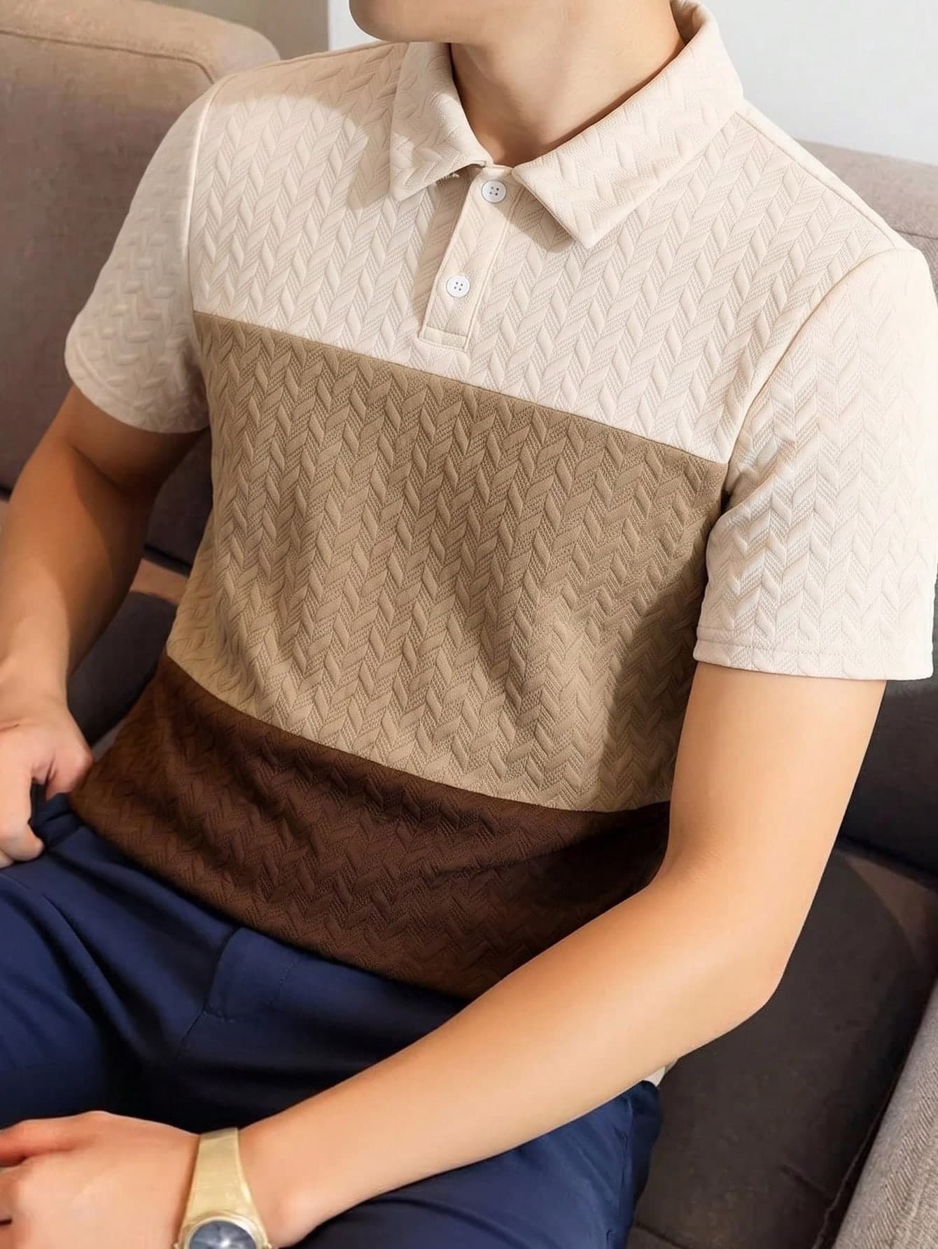 SHEIN Teen Boy Teen Boys' Casual, Comfortable, Versatile Patchwork Print Pattern Polo Shirt With Collar Business Office Beige Summer
