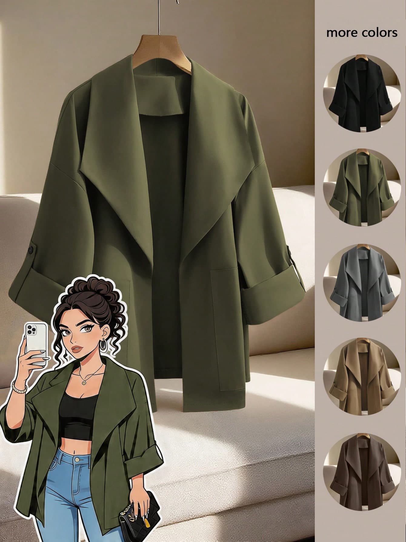 GlowEve CURVE Plus Size Women's Solid Color Lapel Casual Windbreaker Jacket Fall