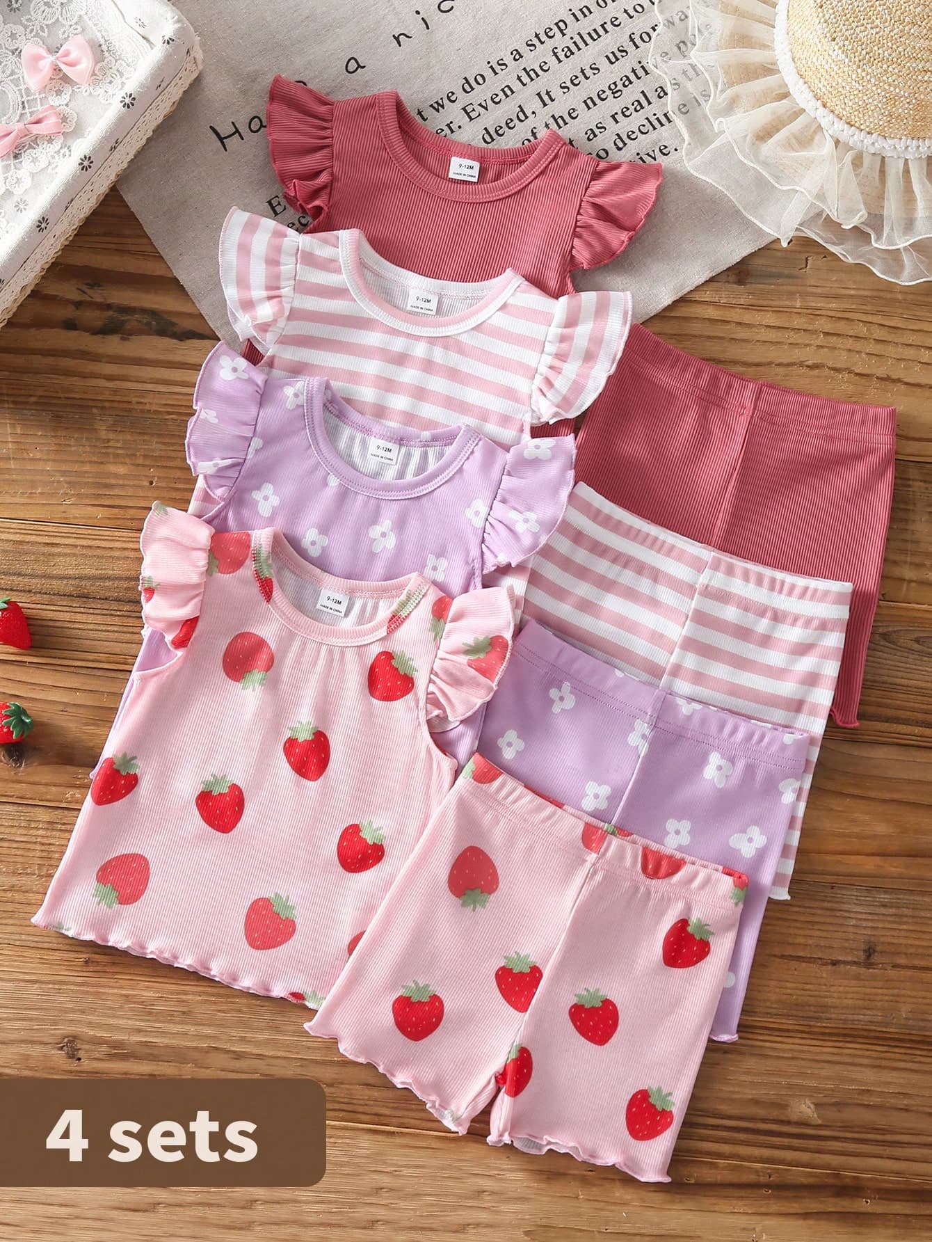 SHEIN 8Sets Baby Girls 0-3 Years Spring/Summer Casual Daily Wear Cute Ballet Girl Sleeveless Tee Shirt & Shorts 8pcs Outfit Set