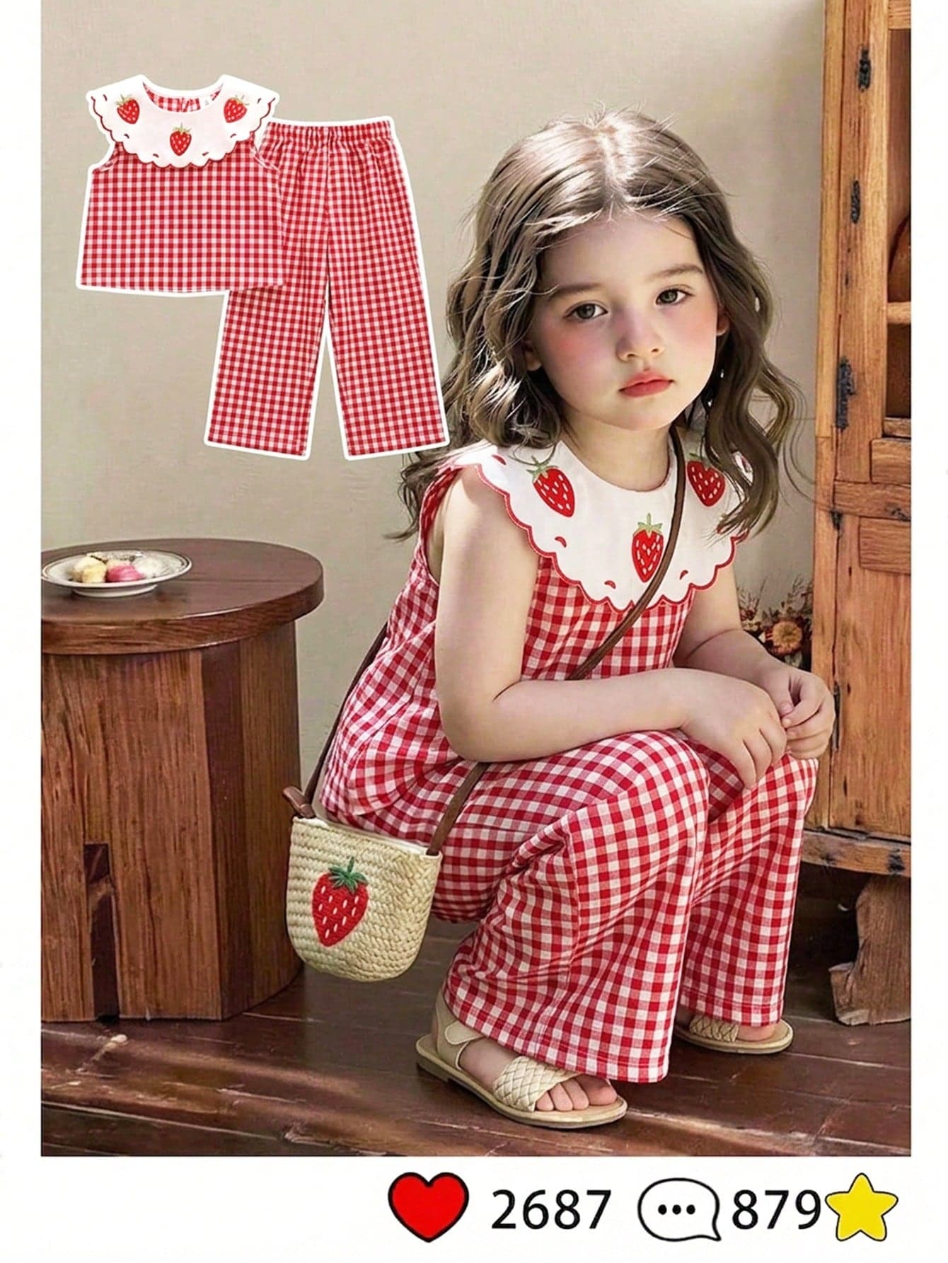 SHEIN Vintaside Kids 2pcs Young Girl Sweet Strawberry Print Sleeveless Top & Matching Pants Set,3D Embroidery Ruffle Collar Summer School Outfit,Pink Striped Party Wear