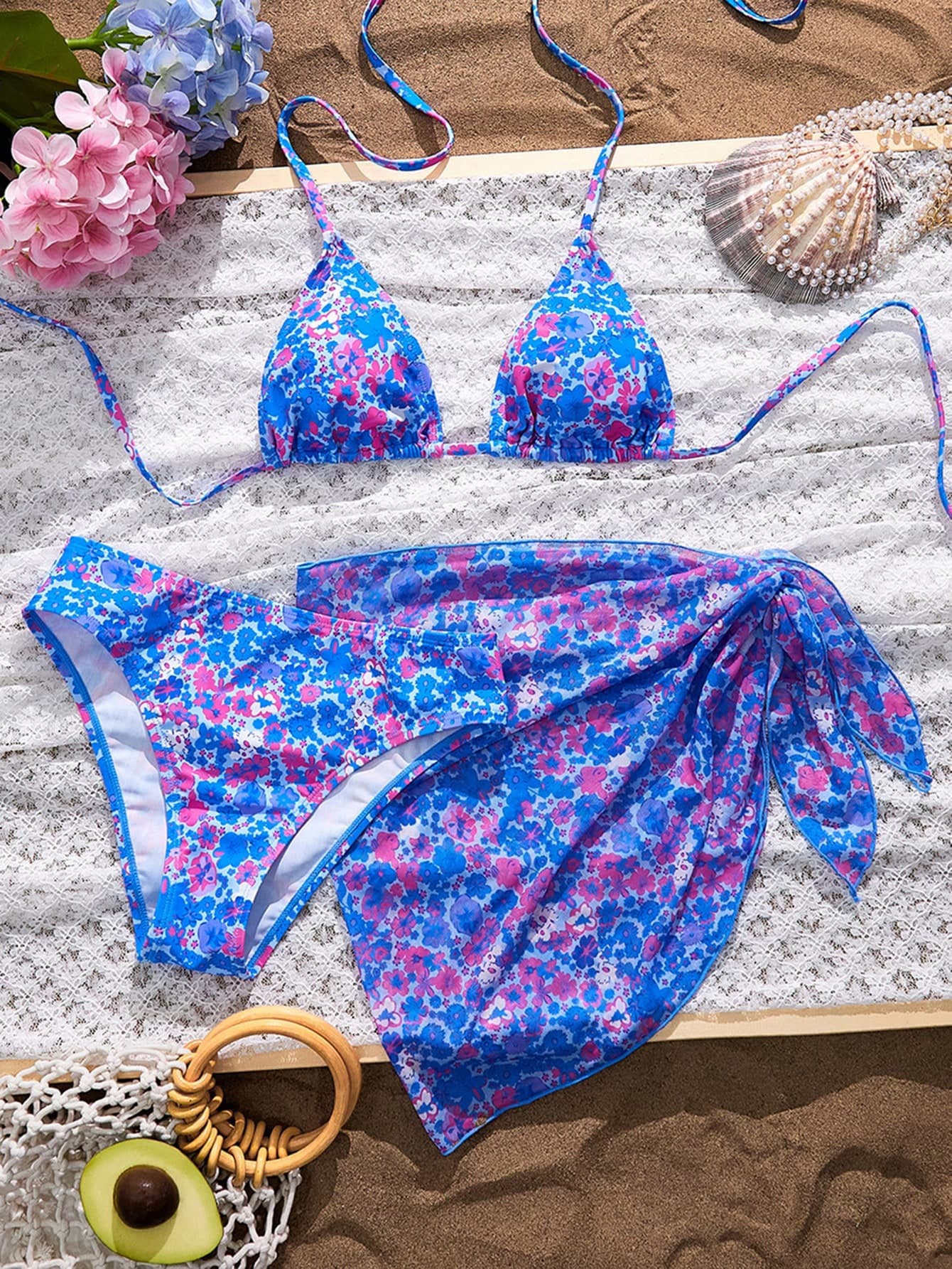 Swim Vcay Women's Summer Beach Vacation Ditsy Floral Halter Tie Back Sexy Bikini 3-Piece Set