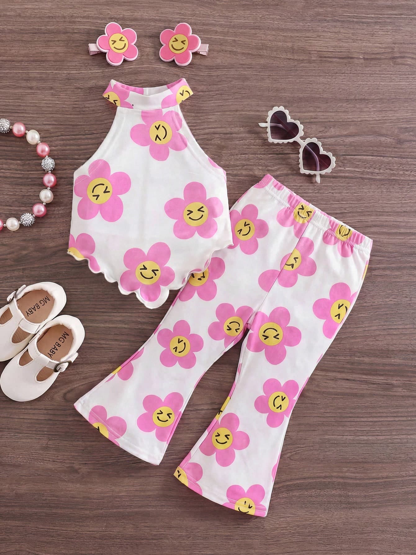 Emery Rose Kids Emery Rose Kids Babygirl Summer Cute Casual Vacation Floral Knit Camisole & Elastic Waist Flare Pants Set