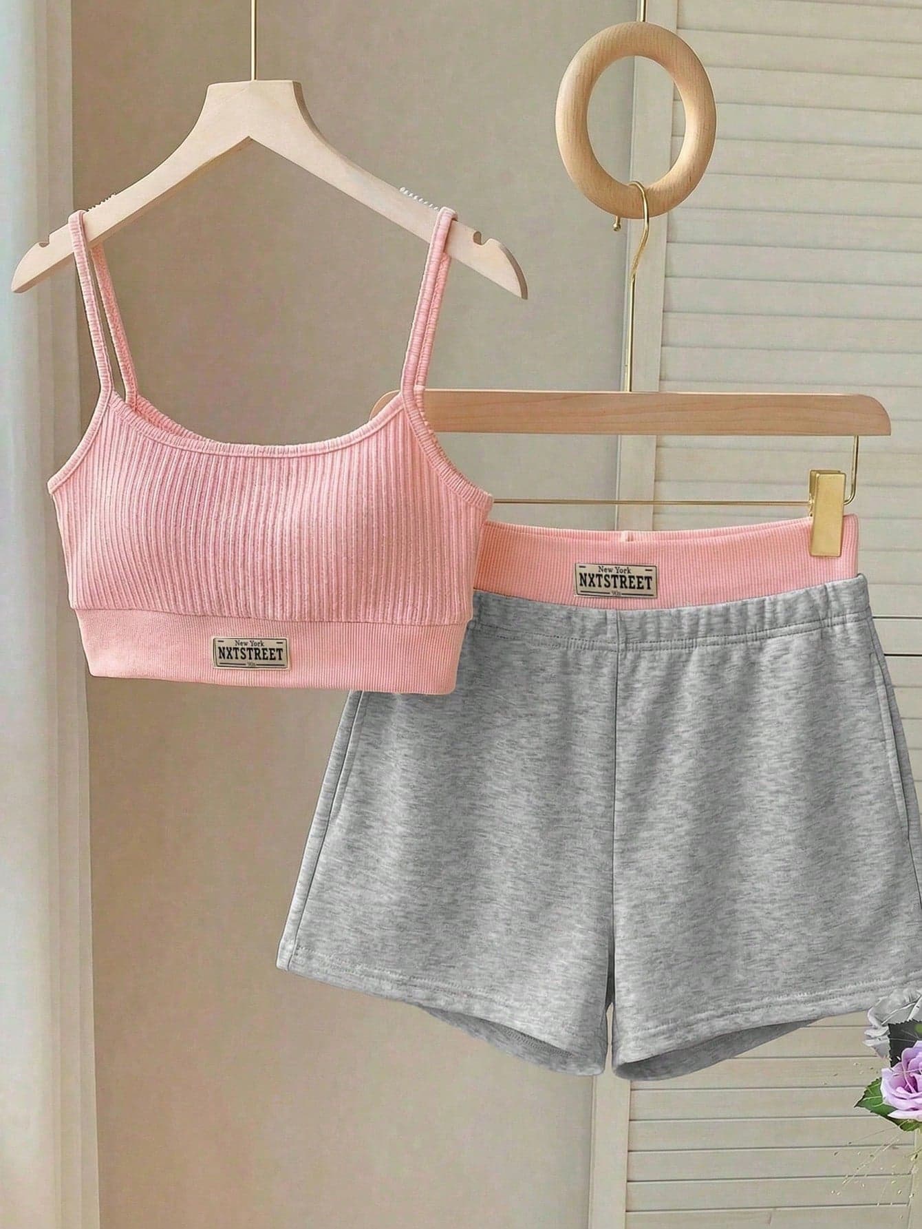 Comfortcana Women's Summer Casual Soft Pink Light Grey Letter Print Cropped Tank Top And 2-In-1 Shorts Set,Street Style Cute Gym Vacation Outfits Work Gym Gym Gym