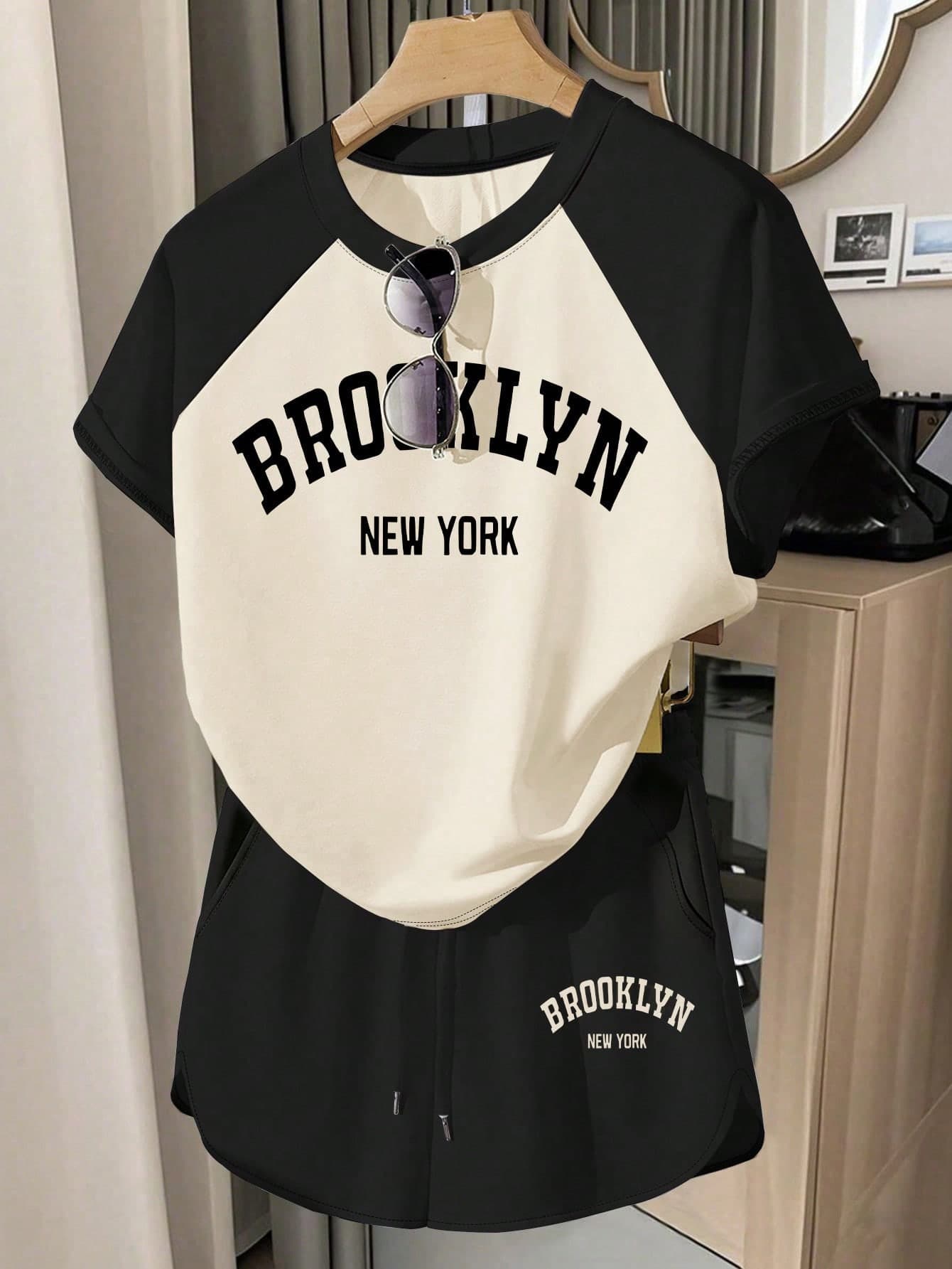 SHEIN Sparklyn Teen Girl Letter Print Color Block Short Sleeve T-Shirt And Shorts Casual Set, Suitable For Spring/Summer Daily, Holiday, Festival