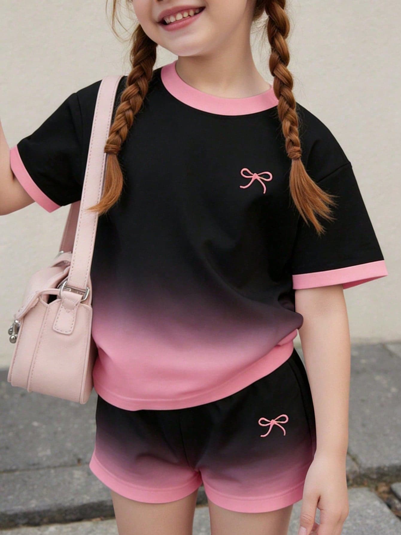 2pcs/Set Girls 4-7Y Ombre Bow Print Short Sleeve T-Shirt+Shorts, Fresh Summer Casual Outfit, Fashionable Leisure Clothing, Comfortable Material