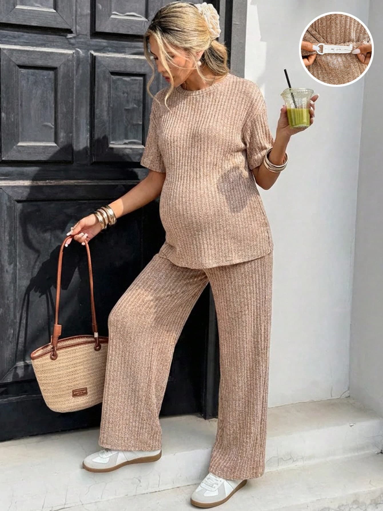 SHEIN Maternity Solid Color Rib Knit Round Neck Short Sleeve Top And Shorts Casual Maternity 2 Pieces Set Photoshoot Summer