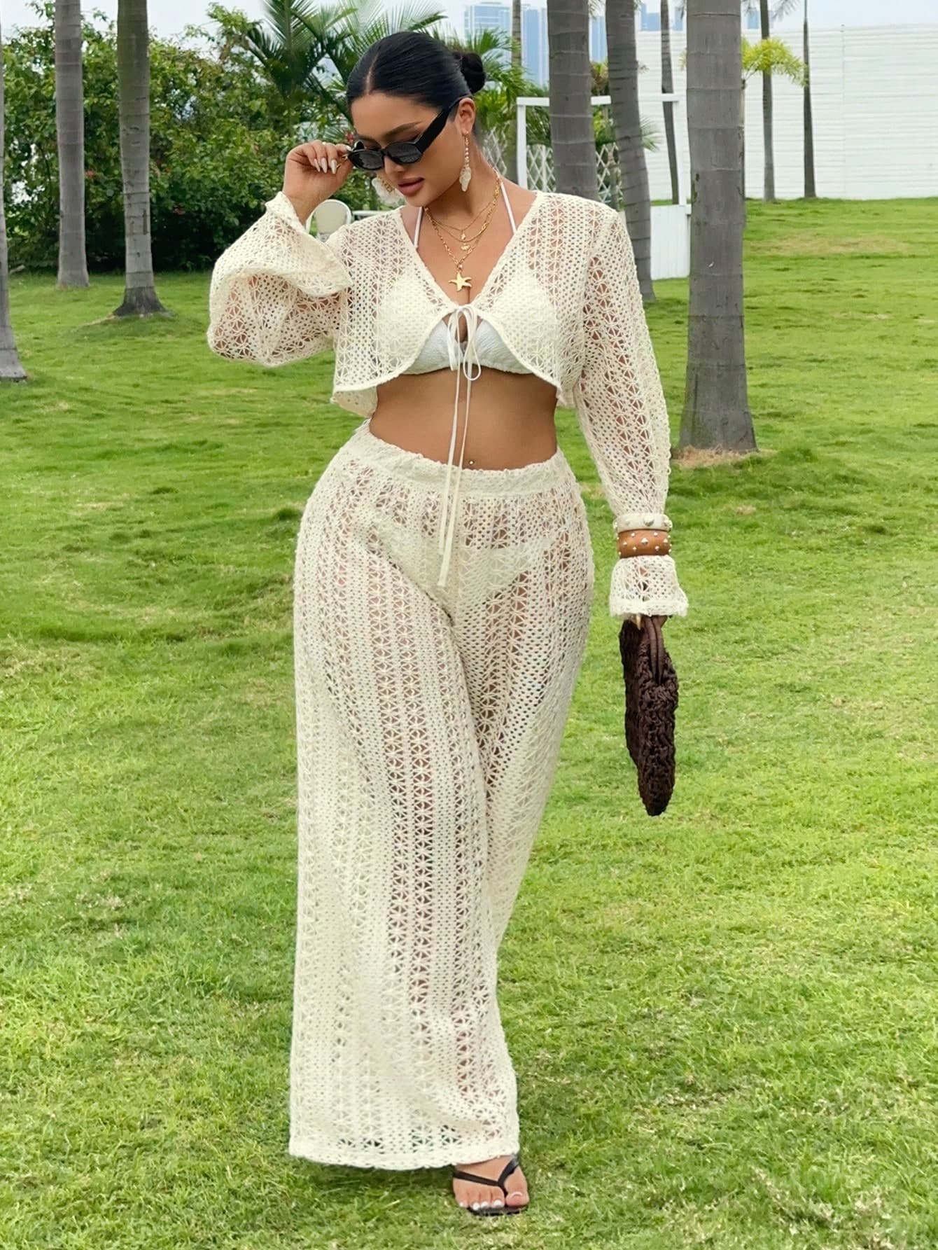 Dazy Plus 2pcs/Set V-Neck Long Sleeve Semi-Sheer Cover Up Swimsuit Cover Up & Pants, Plus Size Women, Spring/Summer Vacation