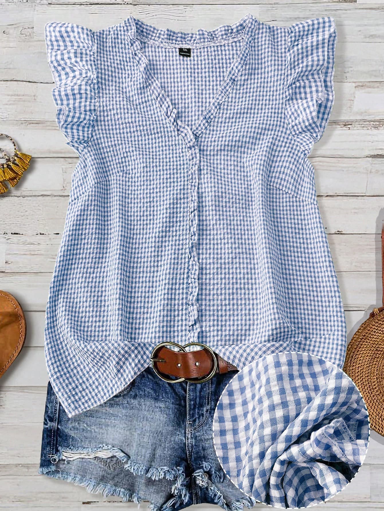 Linhara Plus Size Women's Classic Plaid Textured V-Neck Ruffle Trim Petal Sleeve Fitted Casual Regular Blouse