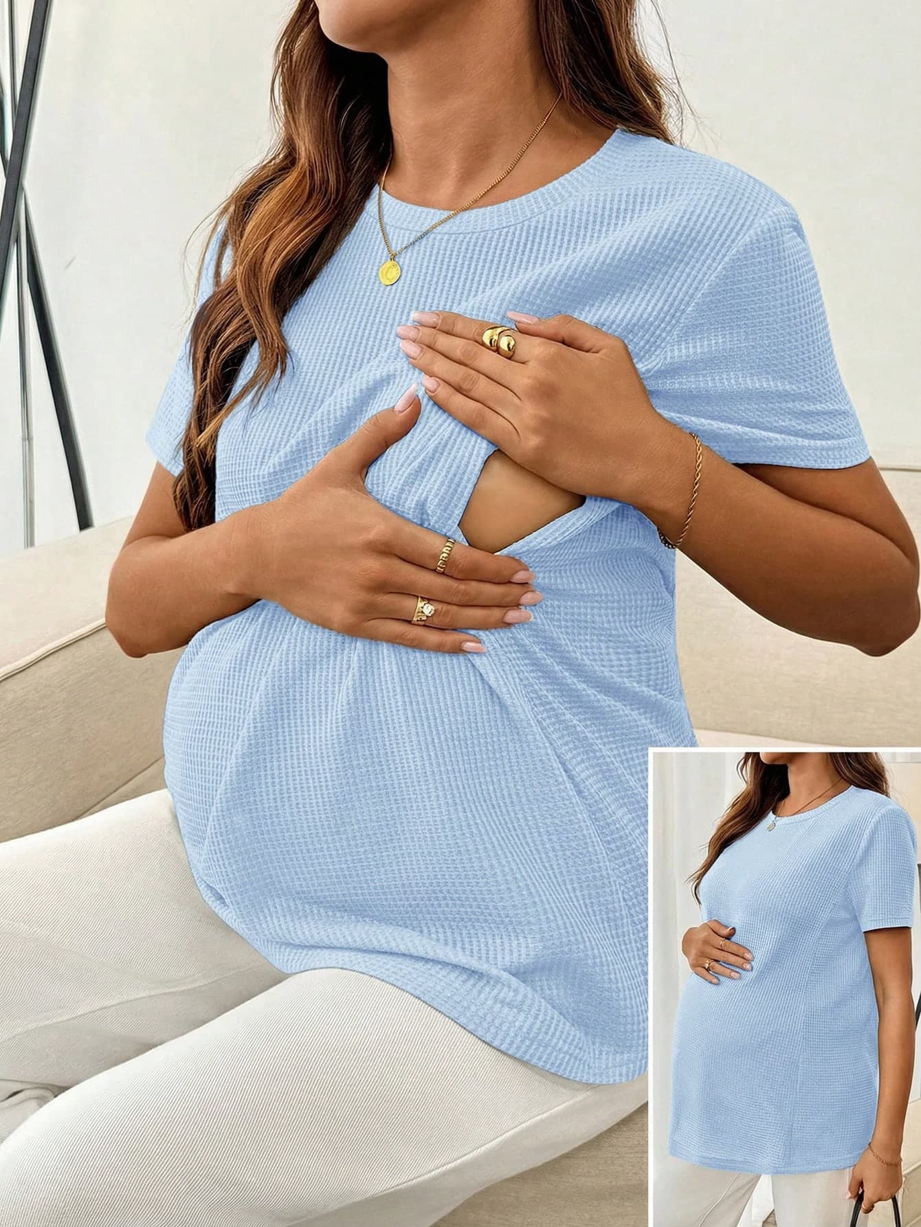 SHEIN Maternity Solid Color Round Neck Nursing Casual Versatile Daily Wear Top