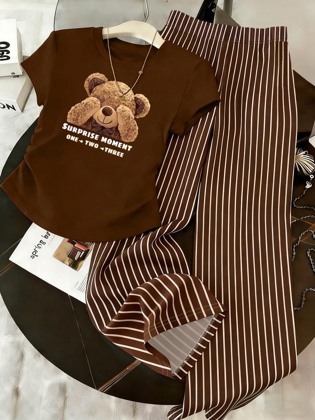 Resyla Women's Summer Outfit, Waist-Cinched T-Shirt And Pants Set, Cute Bear Print Pattern, Classic Striped Print Pattern