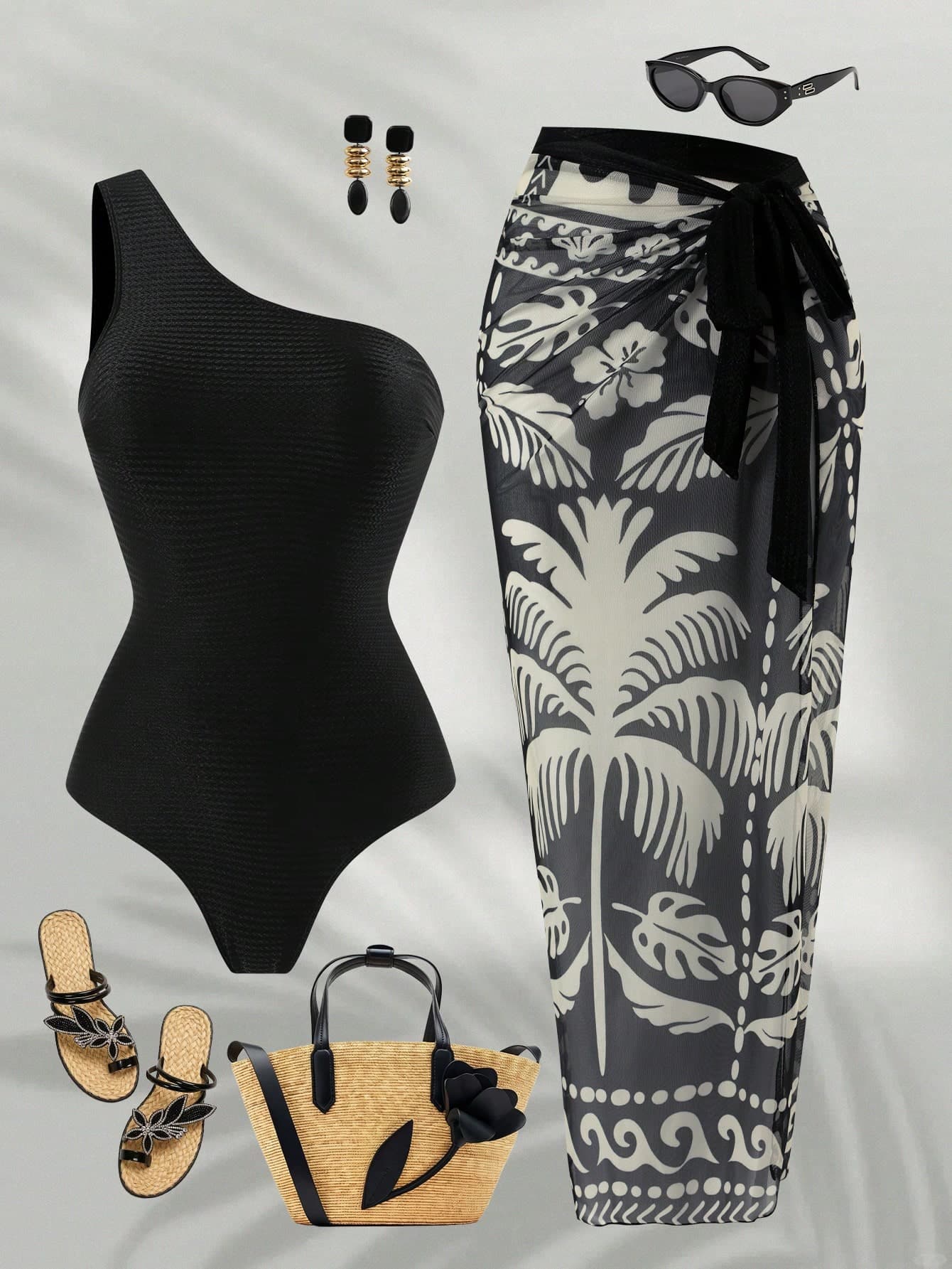 Swim Oasis 2026 Spring/Summer New Plus Size Women's Fashion Resort Black Digital Print Monokini + Wrap Skirt High-End Beachwear Gym Set