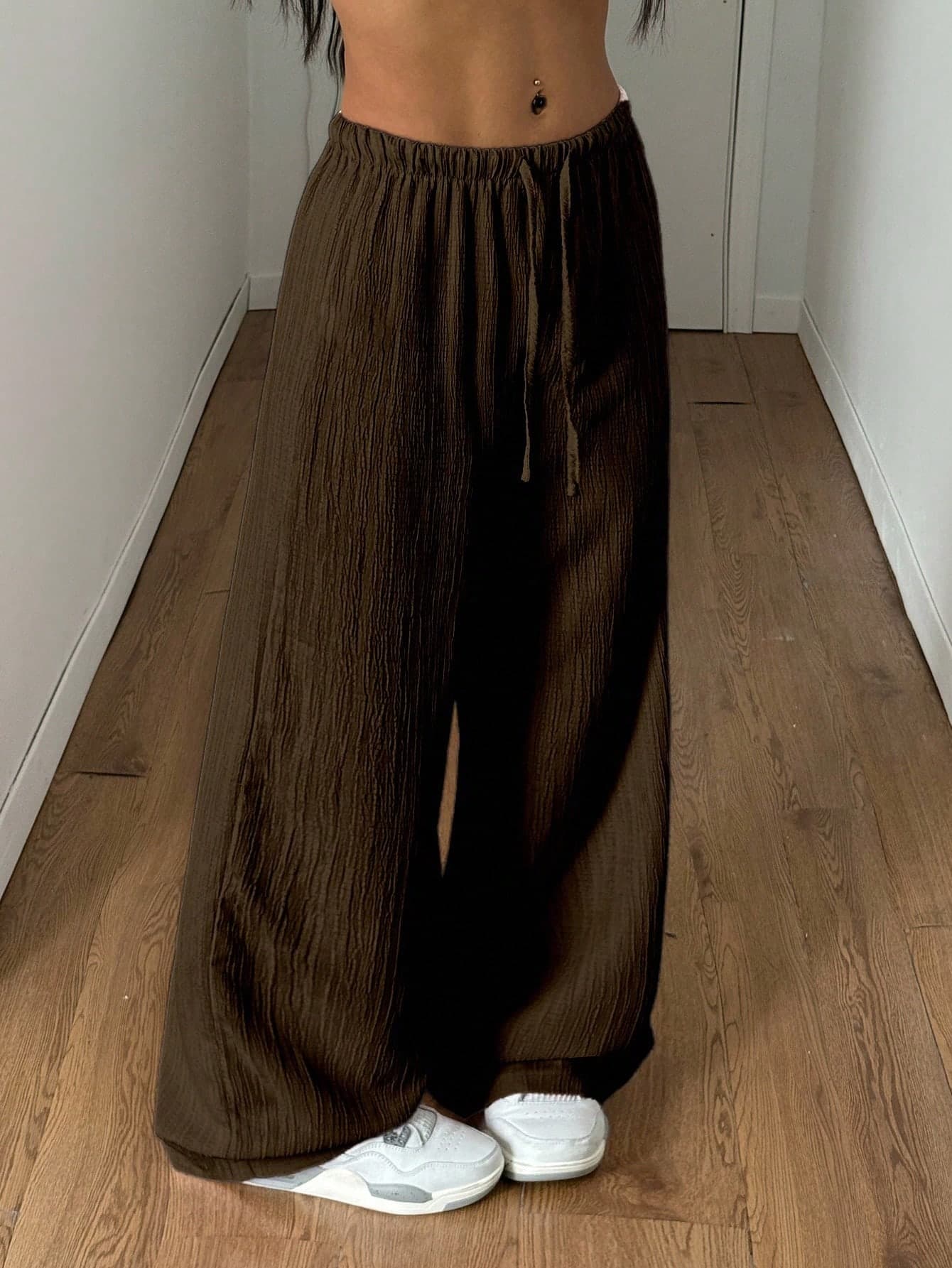 StreetHx Petite Women's Summer And Autumn Textured Straight Leg Pants Brown ,Petite Women