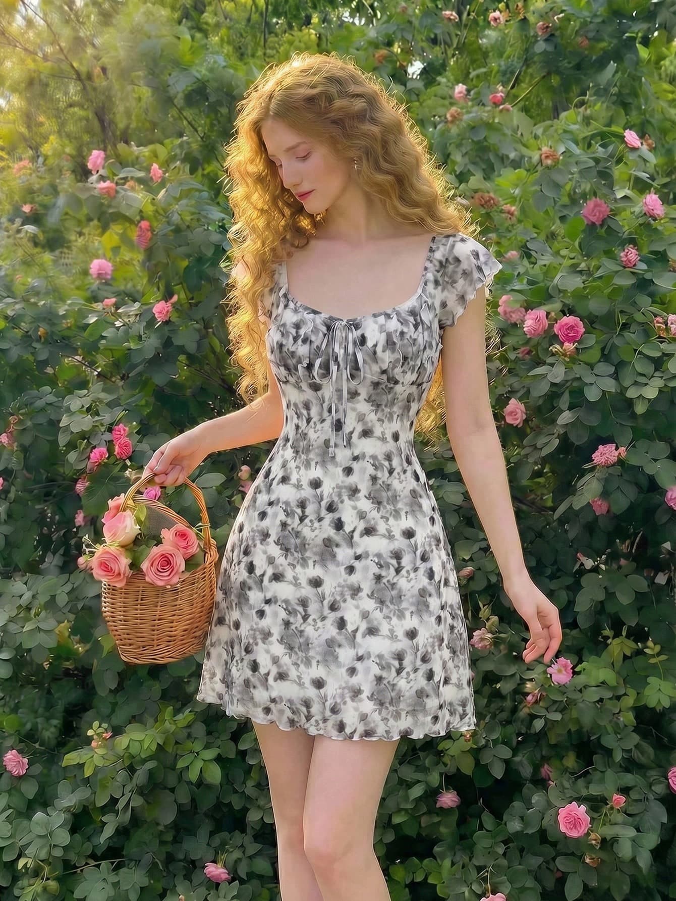 Skyraze Women's Vintage Floral Print Knotted Chest Ruched Round Neckline Sleeveless Dress For Summer,Dresses For Women Summer
