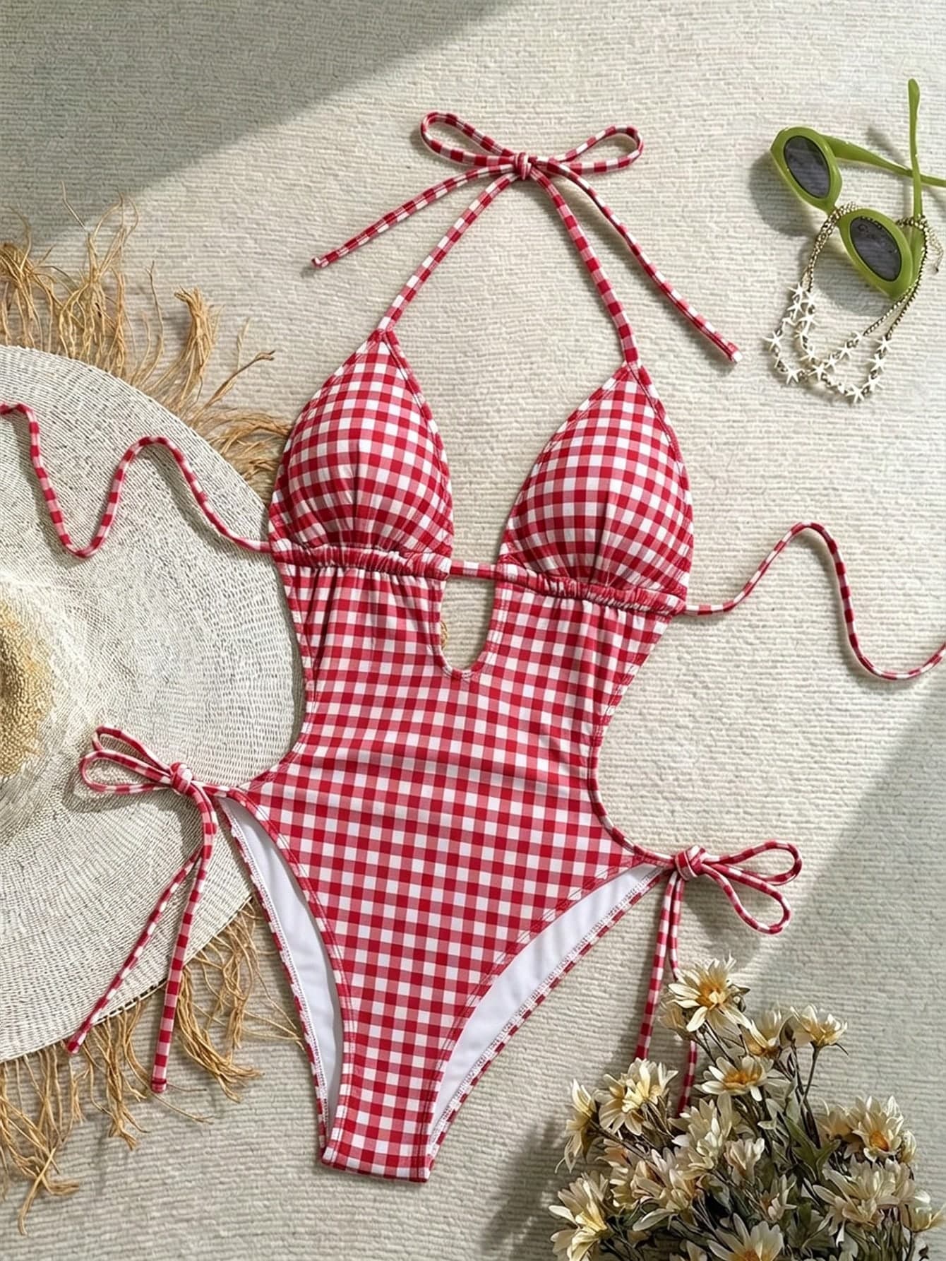 Soleia Women's One-Piece Backless Red Plaid Print Beach Vacation Outfit Bathing Suits For Women One Piece Swimsuit Women