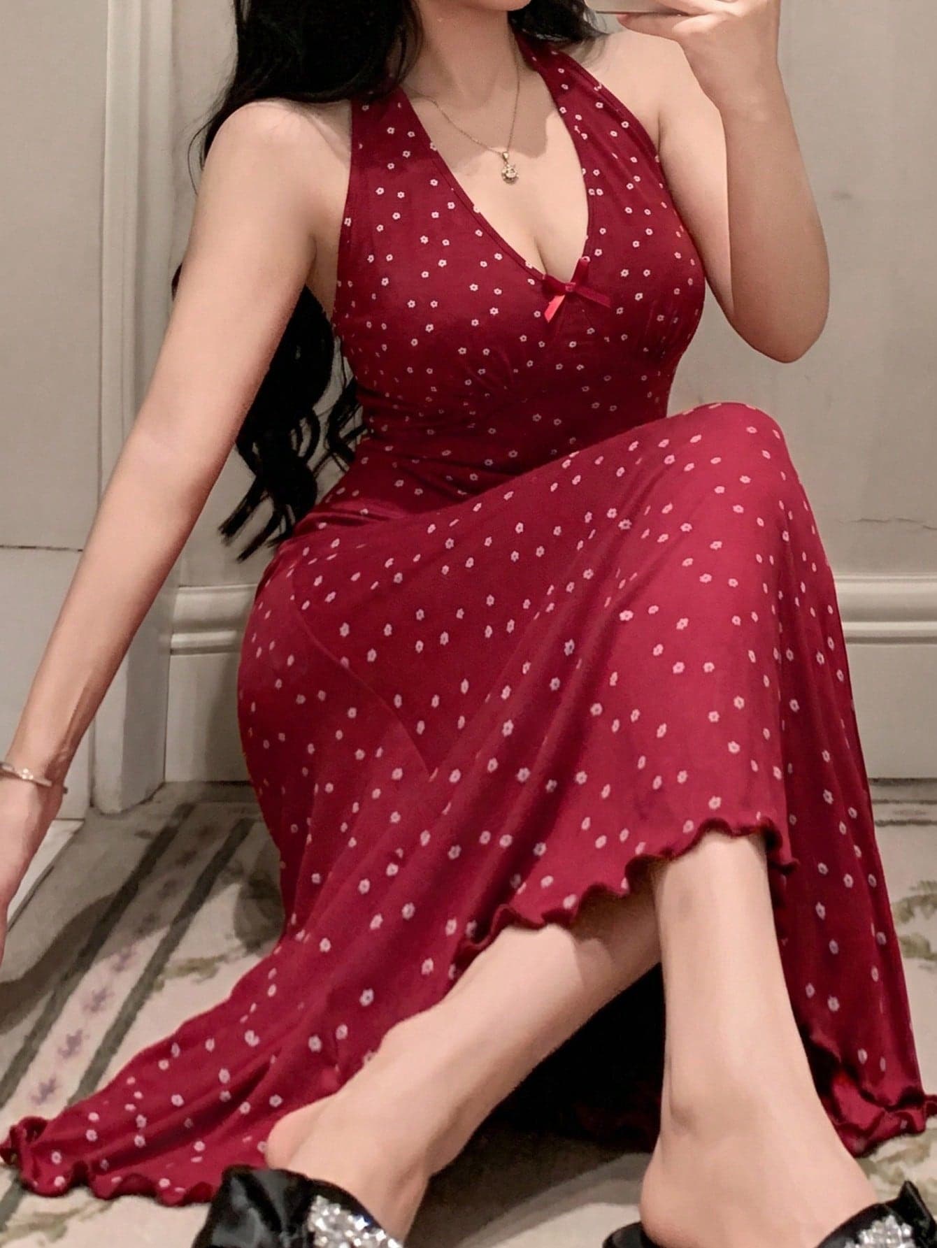 Dazy Plus Plus Size Ditsy Floral Frill Trim Waist Cinched Long Sexy Red Nightgown For New Year Summer Pajamas