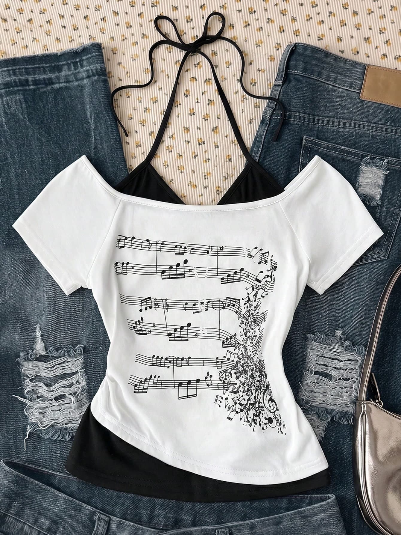 Teen Girls Casual Retro Print 2 In 1 Short Sleeve T-Shirt
