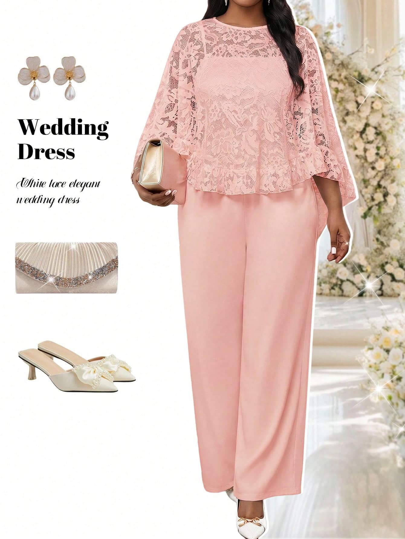 Fleurora Plus Size Women Lace Splice Cape Top And Jumpsuit 2 Pieces Set,Brown,Autumn,Elegant,Formal Evening Formal Wedding Guest,Wedding Ninang Mother's Day