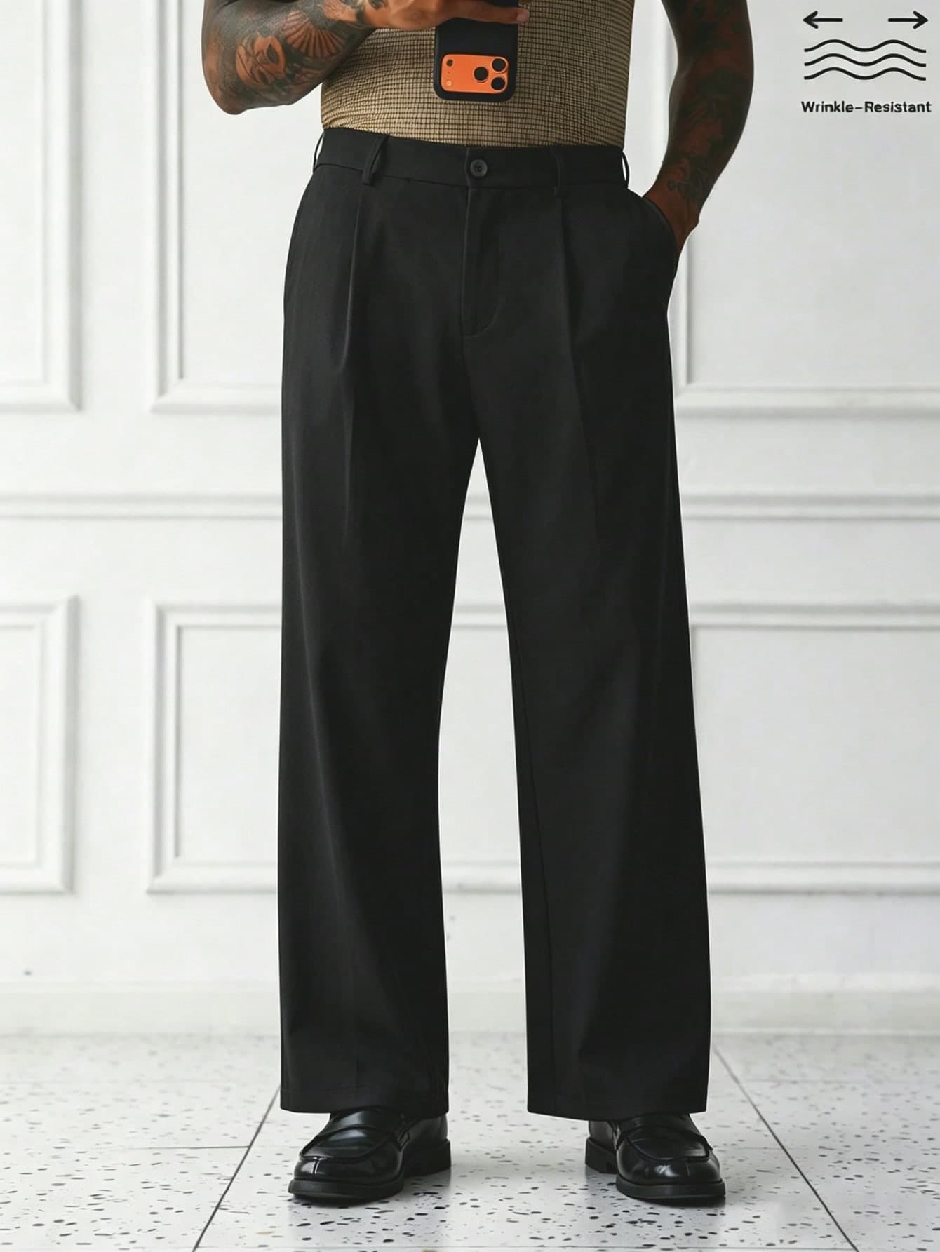 HUEFORM Men's Old Money Black Autumn Classy Smart Office Casual Relaxed Fit Wide Leg Pants,Wrinkle-Resistant Versatile Basic Trousers With Side Pockets