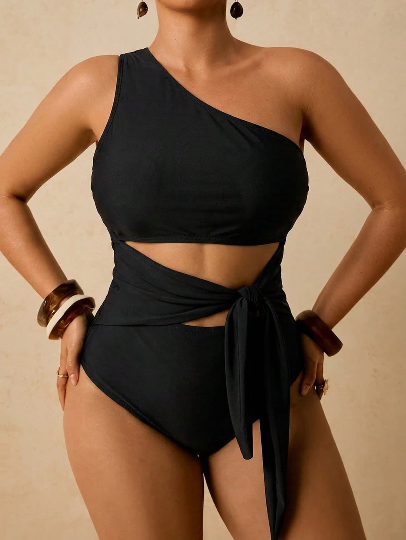 Travachic Plus Size Black One-Piece Swimsuit For Women,Classy Solid Color Hollow Lace-Up Bathing Suits,Full Coverage Curve Swimwear,Summer Beach One Piece