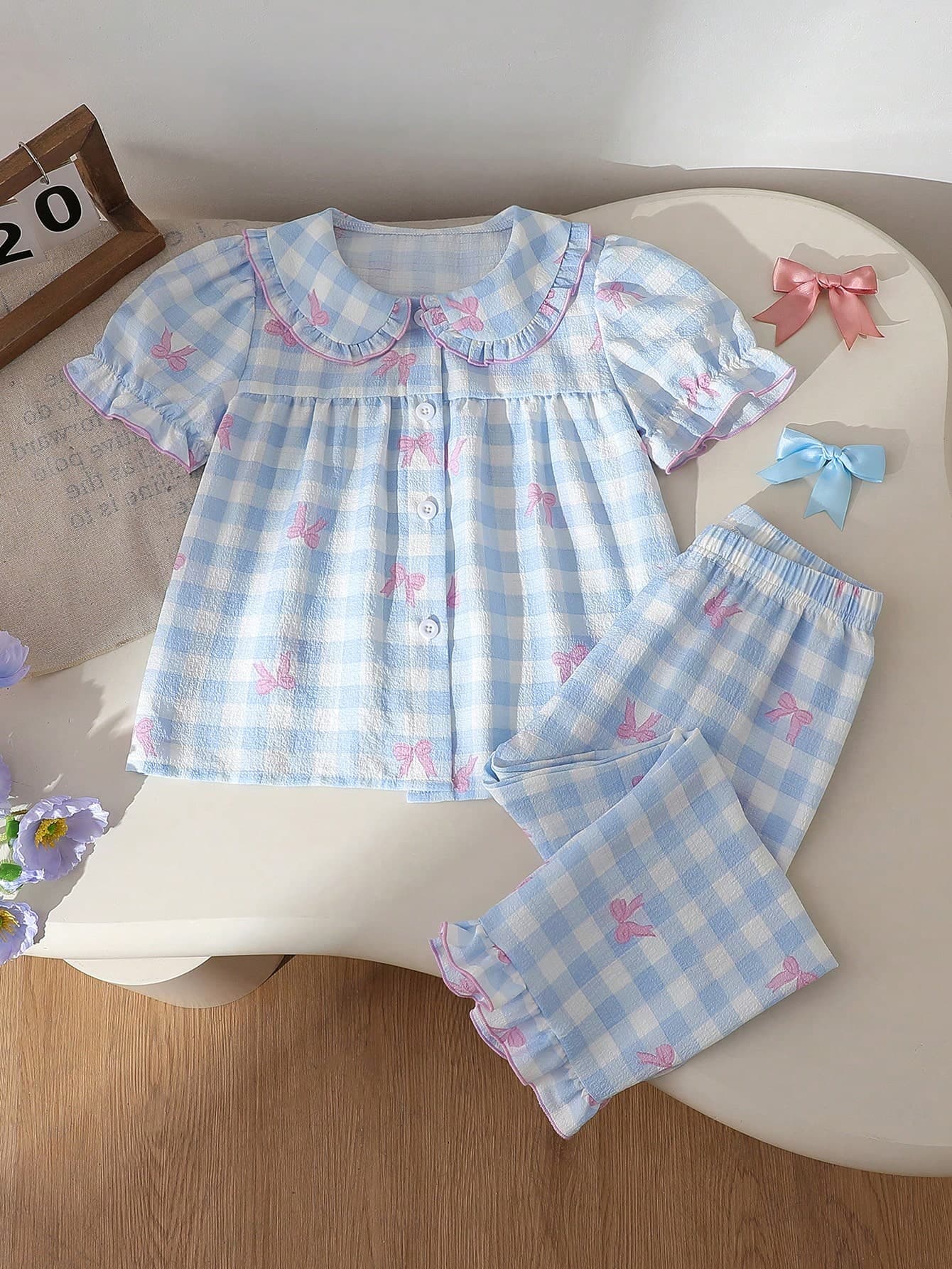 Genkimix Kids 2-Piece Girls Fairy Elegant Lapel Collar Summer Pajamas,White Family Matching Gingham With Pink Bow Prints&Ruffled Trim Long Pants Soft Knit Homewear