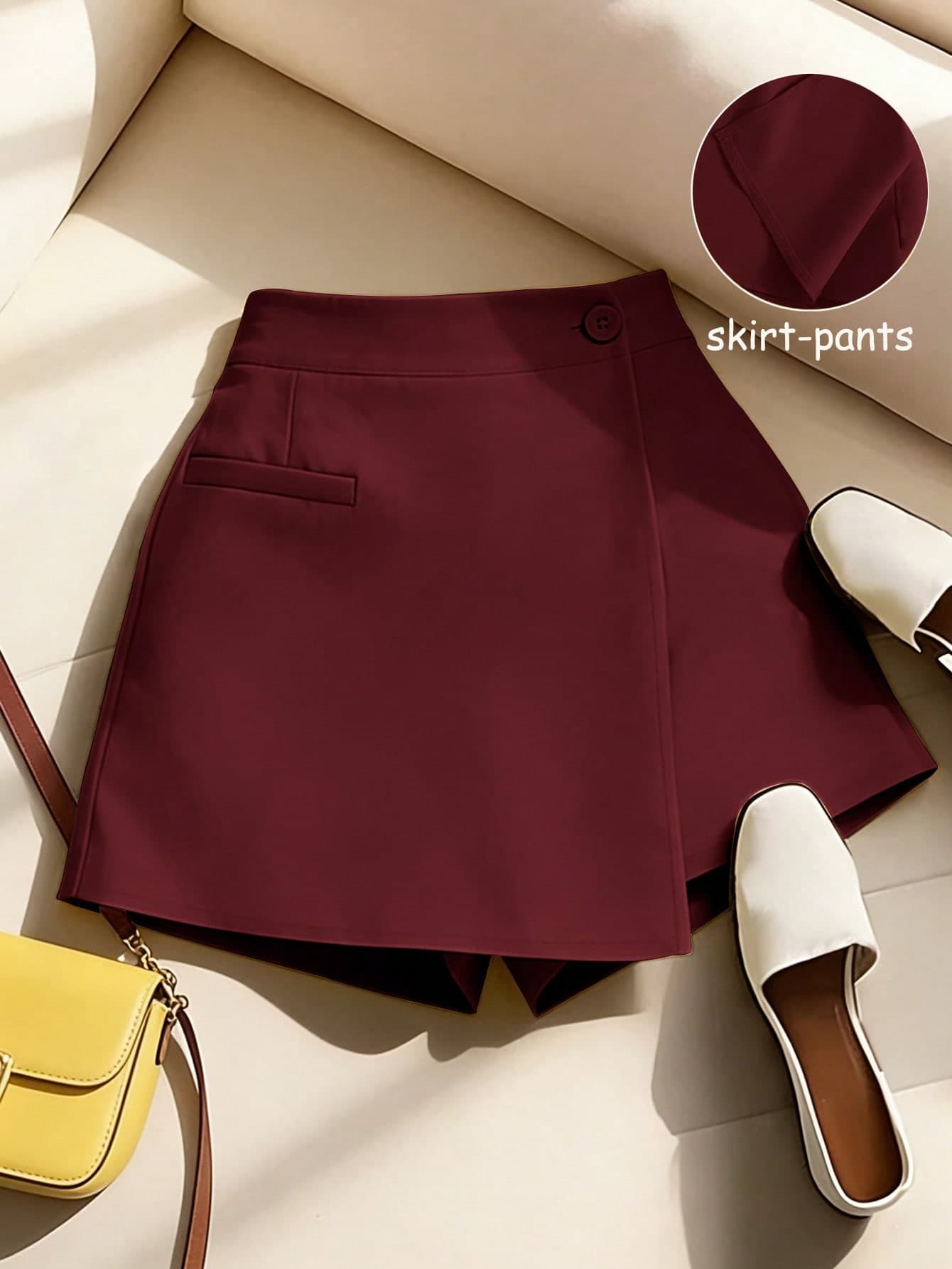 Franclia French Elegant Women's Summer Shorts,Solid Color Decorative Belt Skirt-Pants,Burgundy Office Shorts Suitable For Work,Commute,Party,Casual Occasions