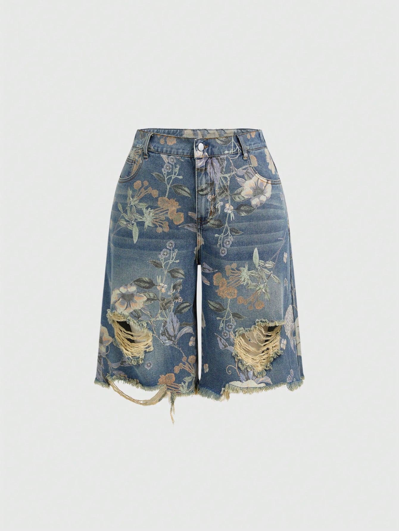 ROMWE Fairycore Vintage Floral Print Washed Women Loose Wide Leg Jeans, Cropped