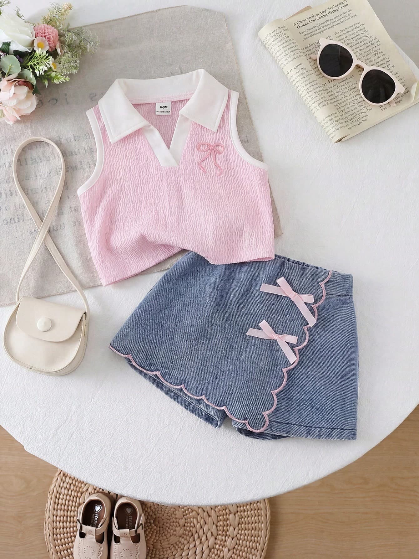 SHEIN Playful Pals 2pcs/Set Baby Girls Collared Sleeveless Bow Embroidered Pink V-Neck Vest Top Elastic Waist Light Blue Shorts Summer Casual Family Matching Outfit