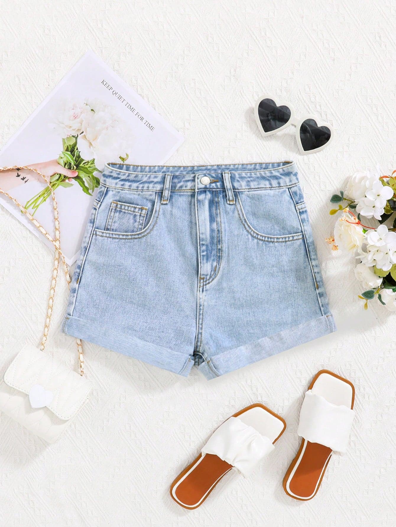 SHEIN Teen Girls Roll Up Hem Denim Shorts