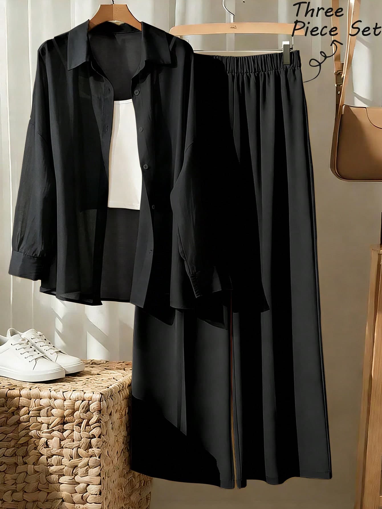 Franclia 3pcs Women's Casual Loose Sheer Long Sleeve Shirt,Black Tight Camisole,And Wide Leg Pants Set,Black And,Autumn,Lounge Coord Set Zoey Outfit Office