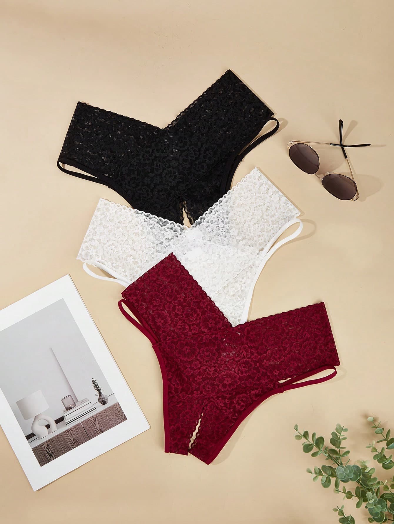 3pcs/Pack Women's Lace Patchwork Open Crotch Casual Everyday Briefs