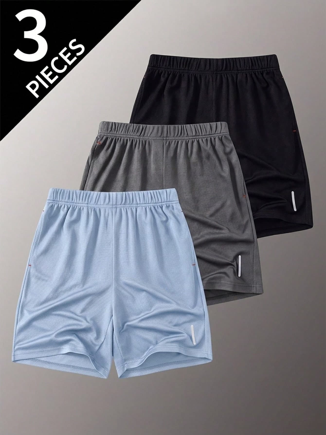 SHEIN 3pcs Teen Boy Casual Color-Block Reflective Strip Pattern Shorts Set, Black/Grey/Blue, For Sports & Home, School, Campus, College