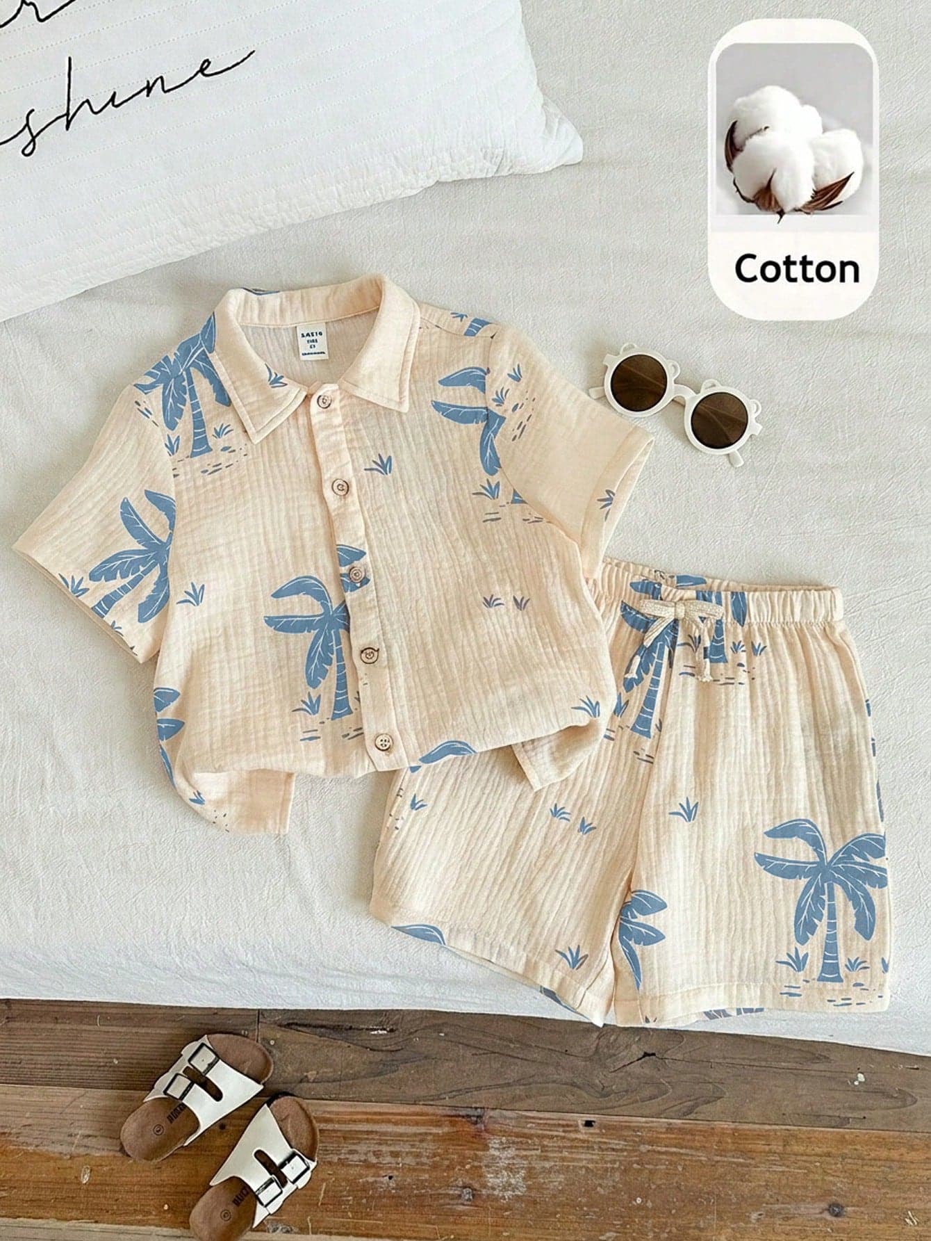 SHEIN 2pcs/Set Young Boy Summer Vacation Casual Apricot Palm Tree Print Short Sleeve Shirt And Shorts Set
