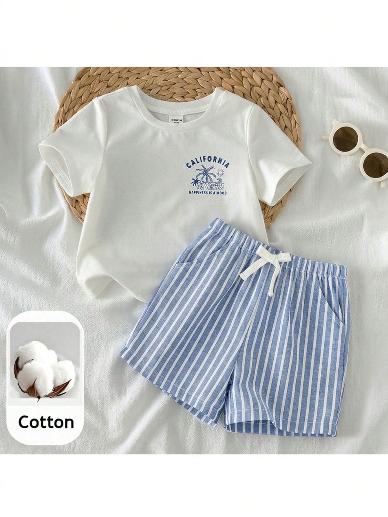 Loomiva 2pcs Baby Boy Soft Knit Crew Neck Short Sleeve Top And Elastic Waist Shorts Set