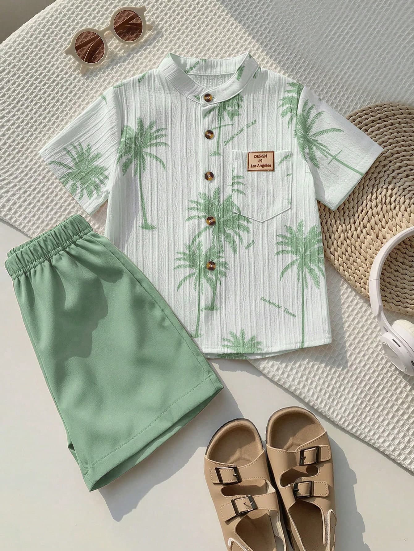 SHEIN Genkimix Kids 2pcs/Set Boys' Summer,Beach,Holiday Coconut Tree & Letter Print Collared Shirt With Pockets And Solid Color Casual Shorts Set,Outings Vacation Outfit