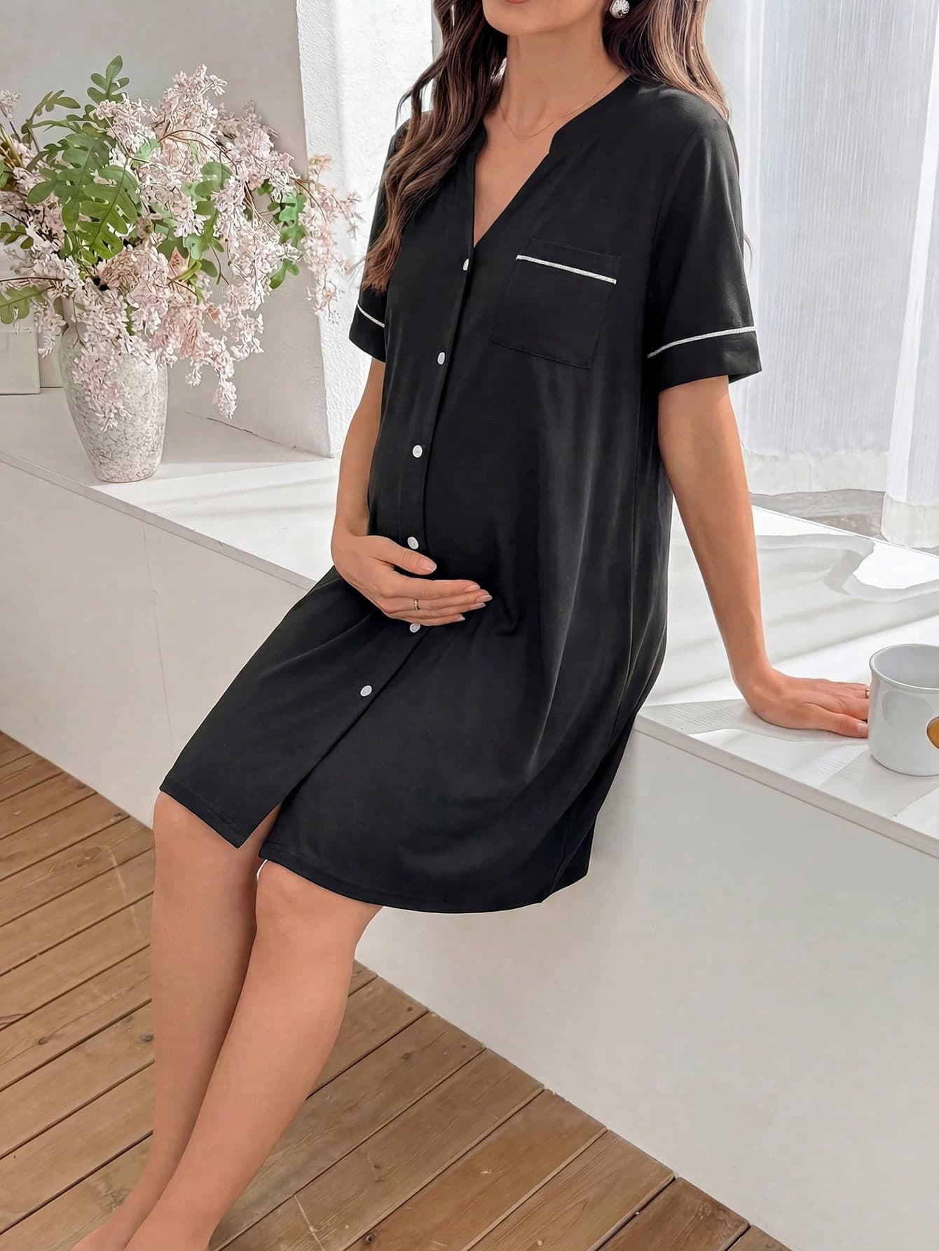 Moonlight&Mama Maternity Casual Loose Front Pocket Knit Short Sleeve Cardigan Dress, Soft & Comfortable, Essential For Moms