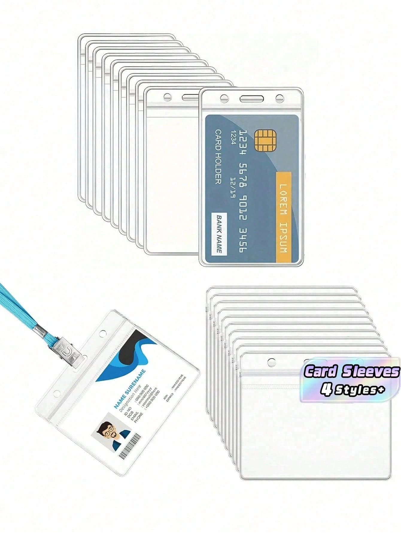 SHEIN 10 Pieces Waterproof Card Holder Vertical Or Horizontal ID Badge Holder Portable Transparent PVC Plastic Card Sleeves For Student Campus School Office Home Business Employee Accessory Organization Supply Storage Essentials School College University Work Essentials Water Resistant Durable Clear ID Card Protector Wallet Name Tag Lanyard Display Card Case