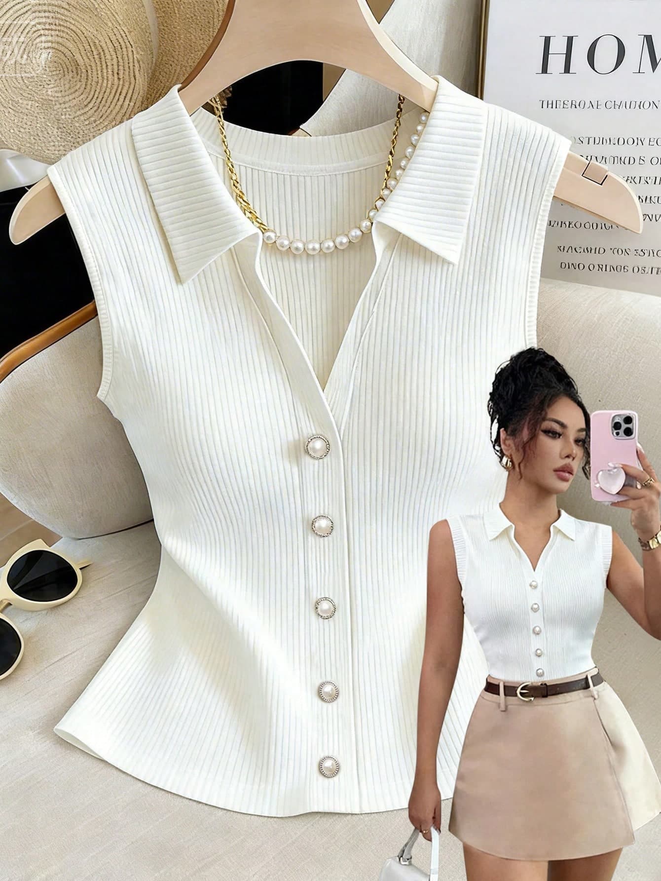 Franclia Women's White Ribbed Knit Sleeveless Polo Top,Elegant Slim Fit Button-Down Summer Tank,Casual Office Collared Shirt,Classy Pearl Button Blouse
