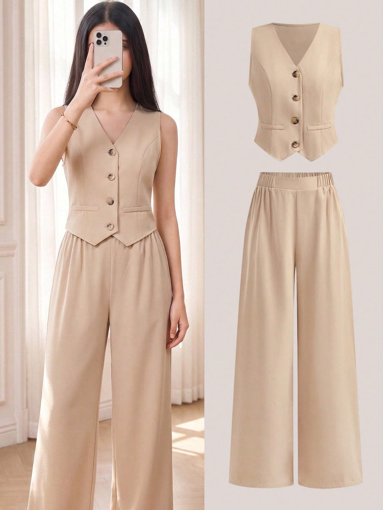 SHEIN Girlism Teen Girls Summer Casual Khaki 2-Piece Set,Sleeveless V-Neck Blazer Top & Wide Leg Pants,Back-To-School Modest Chic Commuter Outfit For Party & Dinner